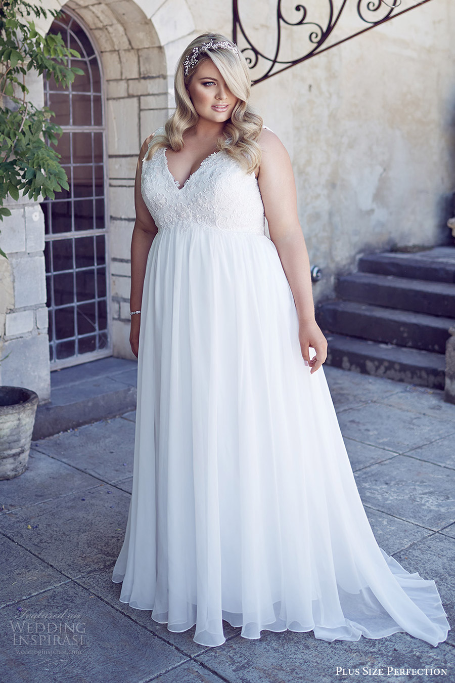 plus size perfection bridal 2016 sleeveles thick straps vneck empire waist lace bodice wedding dress (andrea) mv romantic elegant