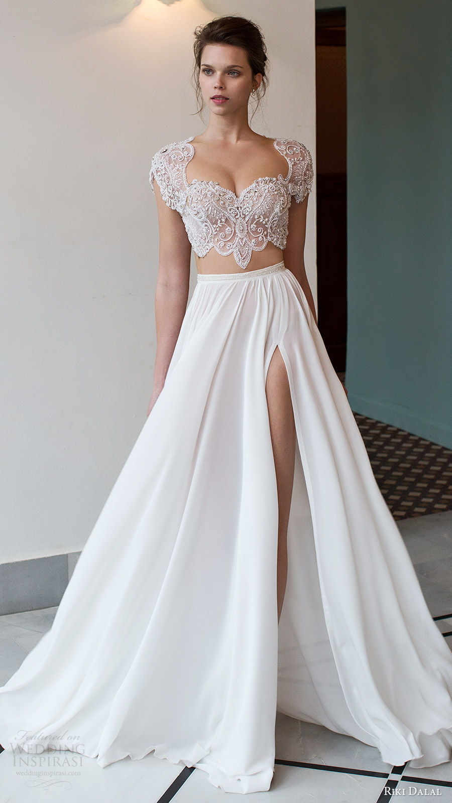 riki dalal bridal 2016 cap sleeves illusion crop top heavily embellished bodice a line wedding dress (1811) mv slit skirt mv edgy romantic