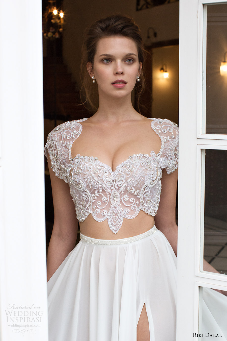 riki dalal bridal 2016 cap sleeves illusion crop top heavily embellished bodice a line wedding dress (1811) zv slit skirt mv edgy romantic