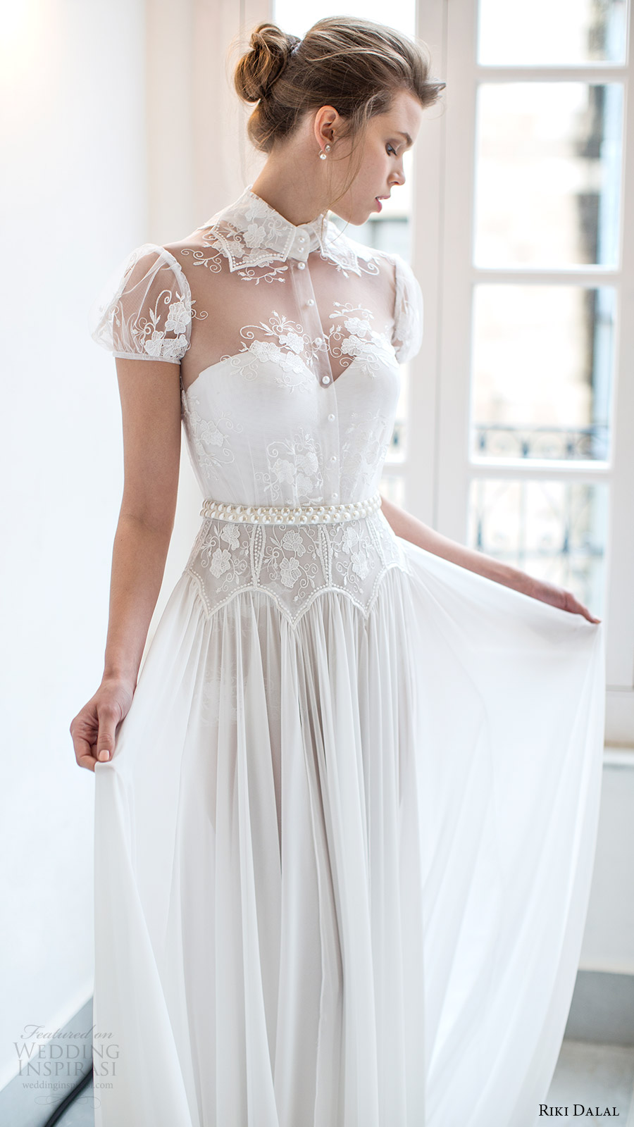 riki dalal bridal 2016 short puff sleeves sweetheart illusion collar shirt bodice a line wedding dress (1802) mv romantic slit skirt