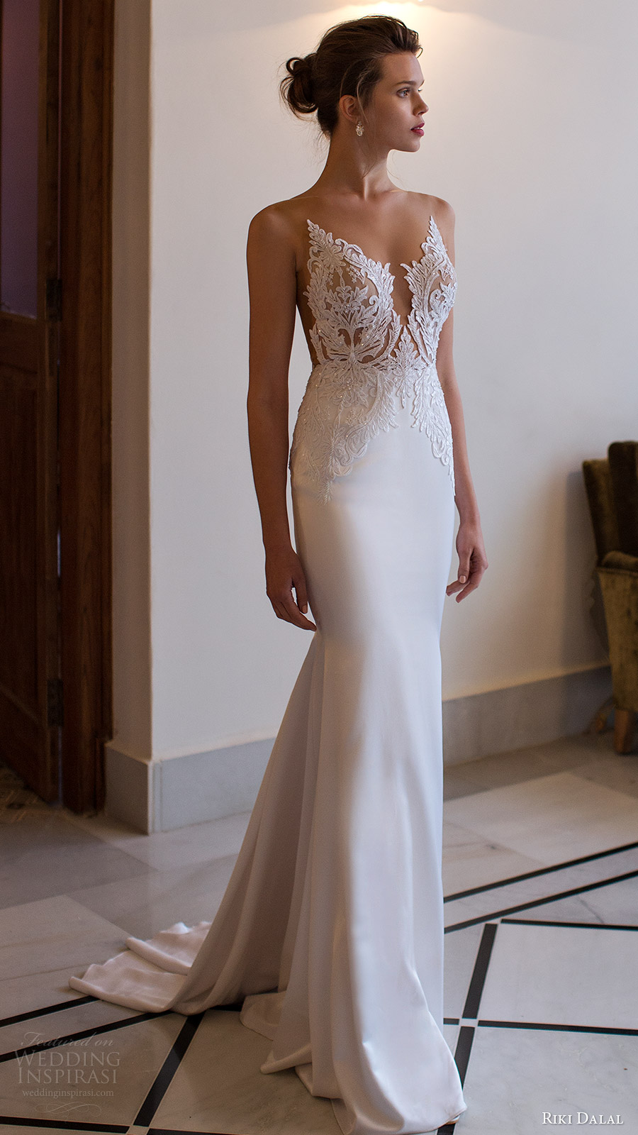 riki dalal bridal 2016 sleeveless modified deep v neck illusion jewel lace bodice sheath wedding dress (1806) mv elegant train riki dalal bridal 2016 sleeveless modified deep v neck illusion jewel lace bodice sheath wedding dress (1806) mv elegant train