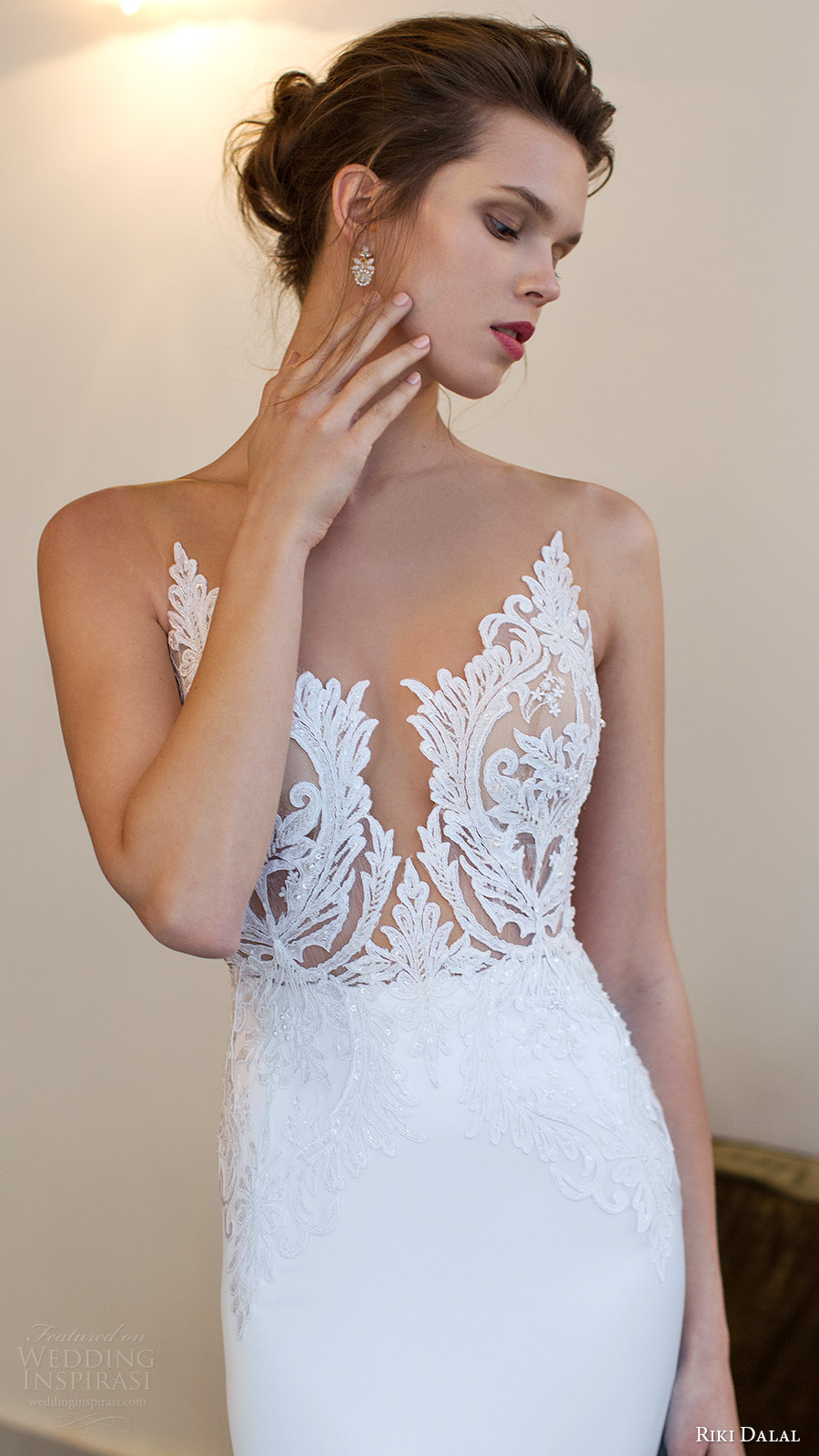 riki dalal bridal 2016 sleeveless modified deep v neck illusion jewel lace bodice sheath wedding dress (1806) zv elegant riki dalal bridal 2016 sleeveless modified deep v neck illusion jewel lace bodice sheath wedding dress (1806) zv elegant
