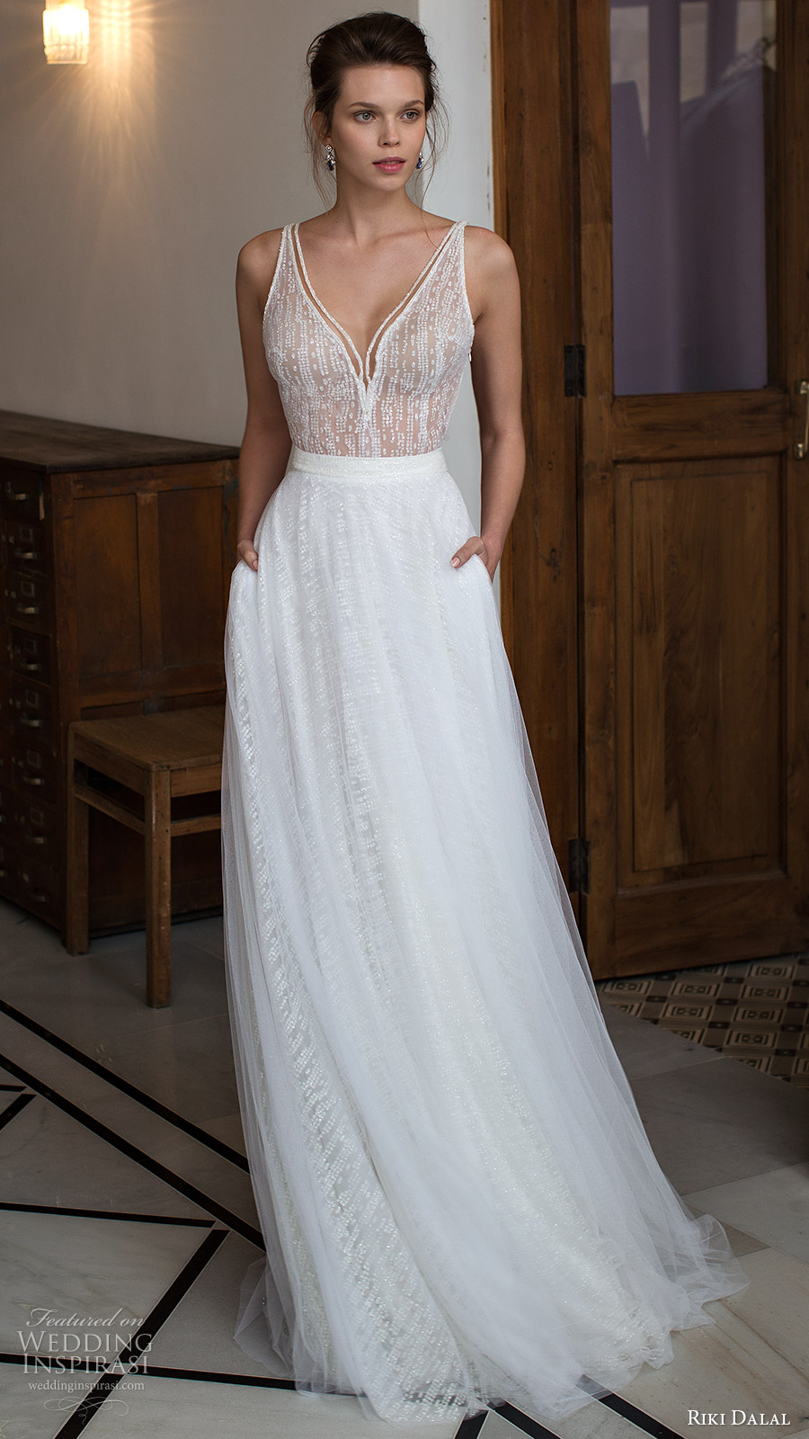 riki dalal bridal 2016 sleeveless v neck strap beaded bodice a line wedding dress (1809) mv romantic