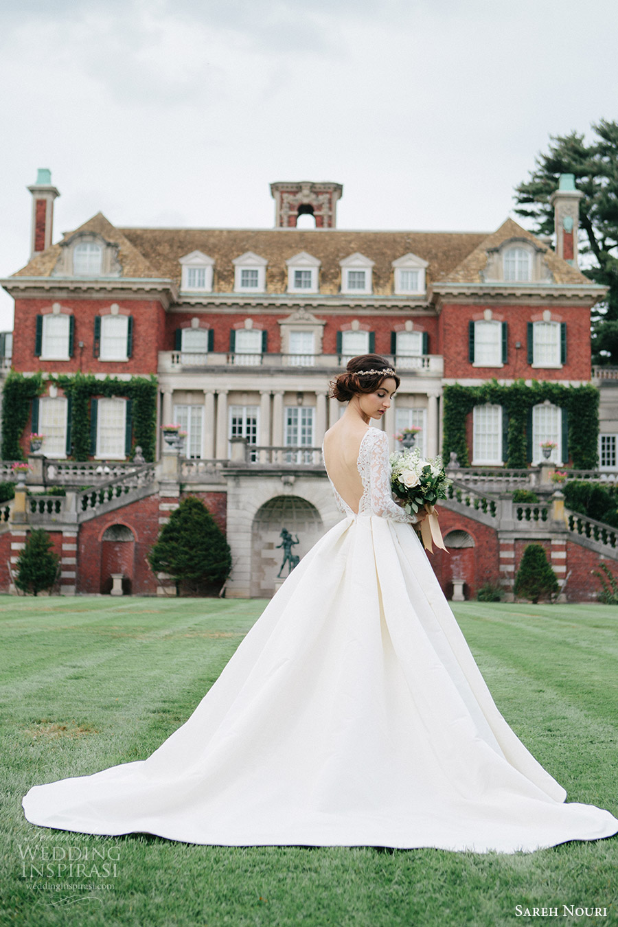 sareh nouri bridal fall 2016 long sleeve deep vneck aline ball gown wedding dress (laylee) bv  plunging back train romantic elegant