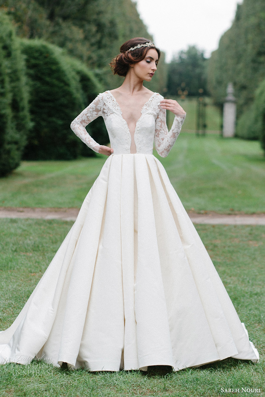 sareh nouri bridal fall 2016 long sleeve deep vneck aline ball gown wedding dress (laylee) mv romantic elegant