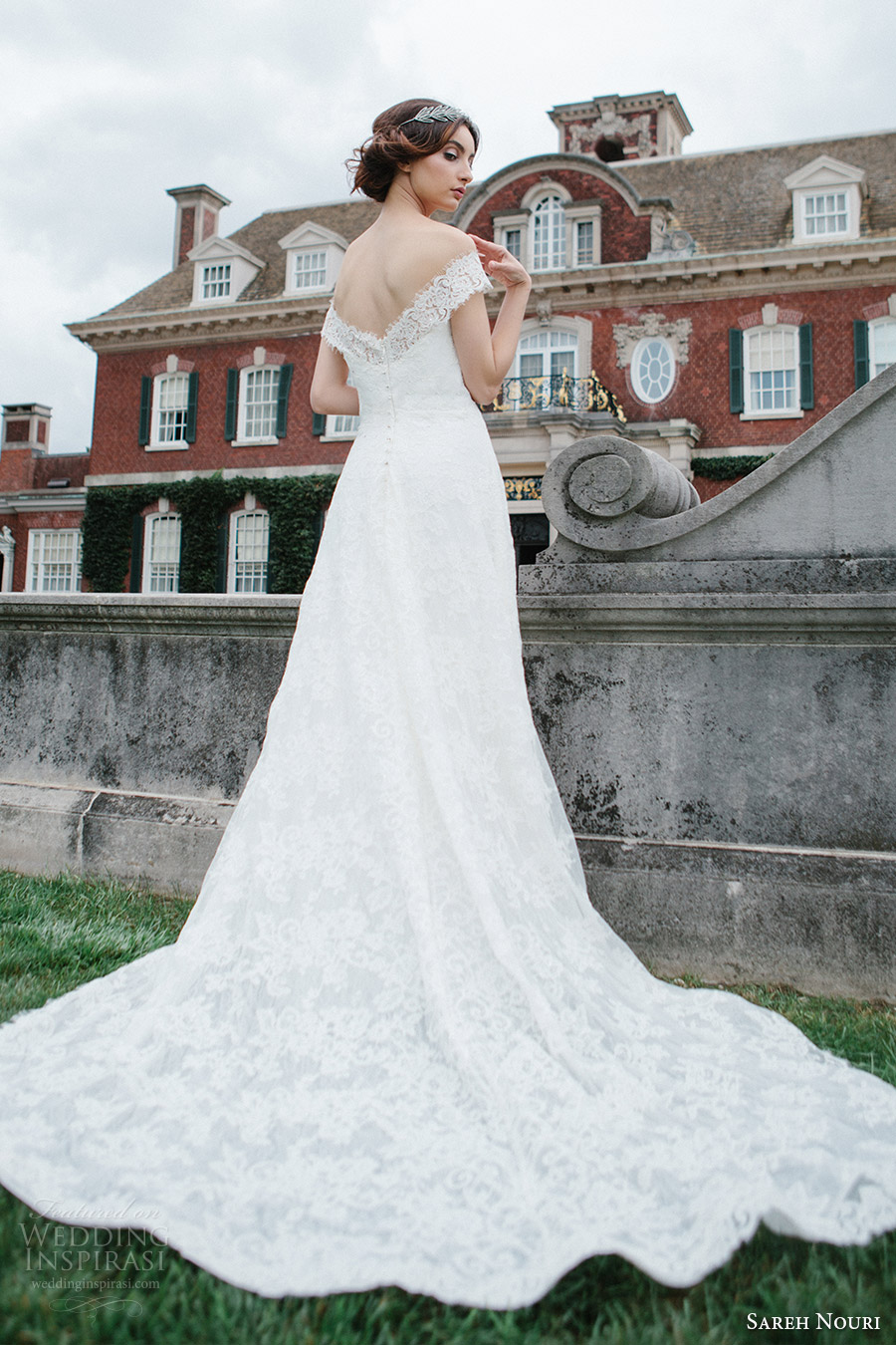 sareh nouri bridal fall 2016 short sleeves off shoulder a line lace wedding dress (aryanna) bv vback train romantic elegant