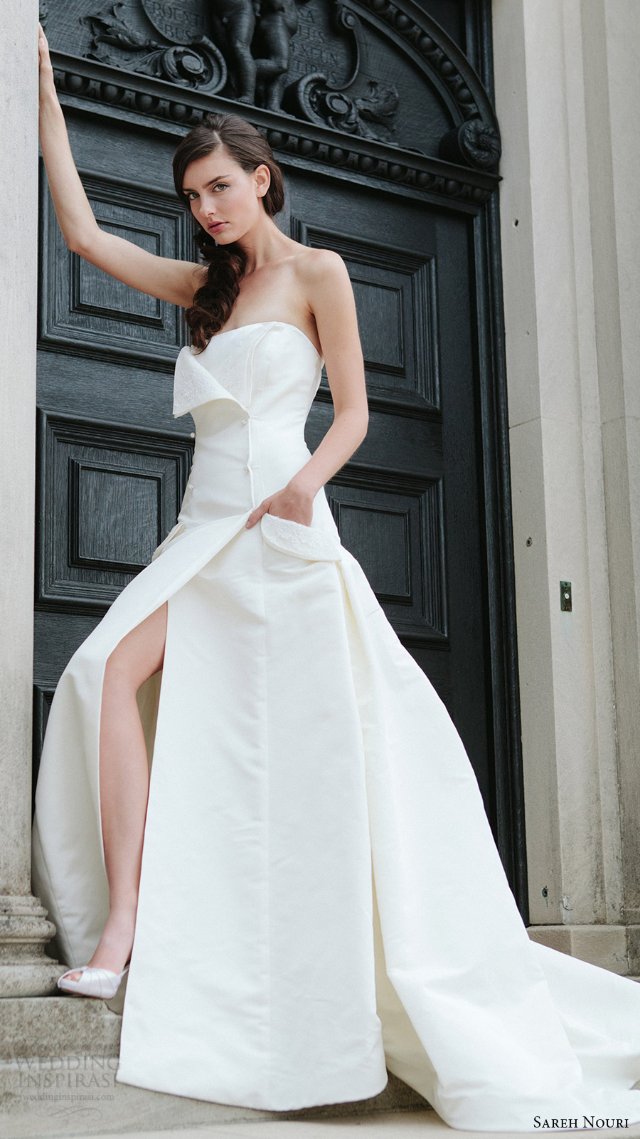 sareh nouri bridal fall 2016 strapless straight across a line wedding dress (tara) fv slit skirt pocket edgy