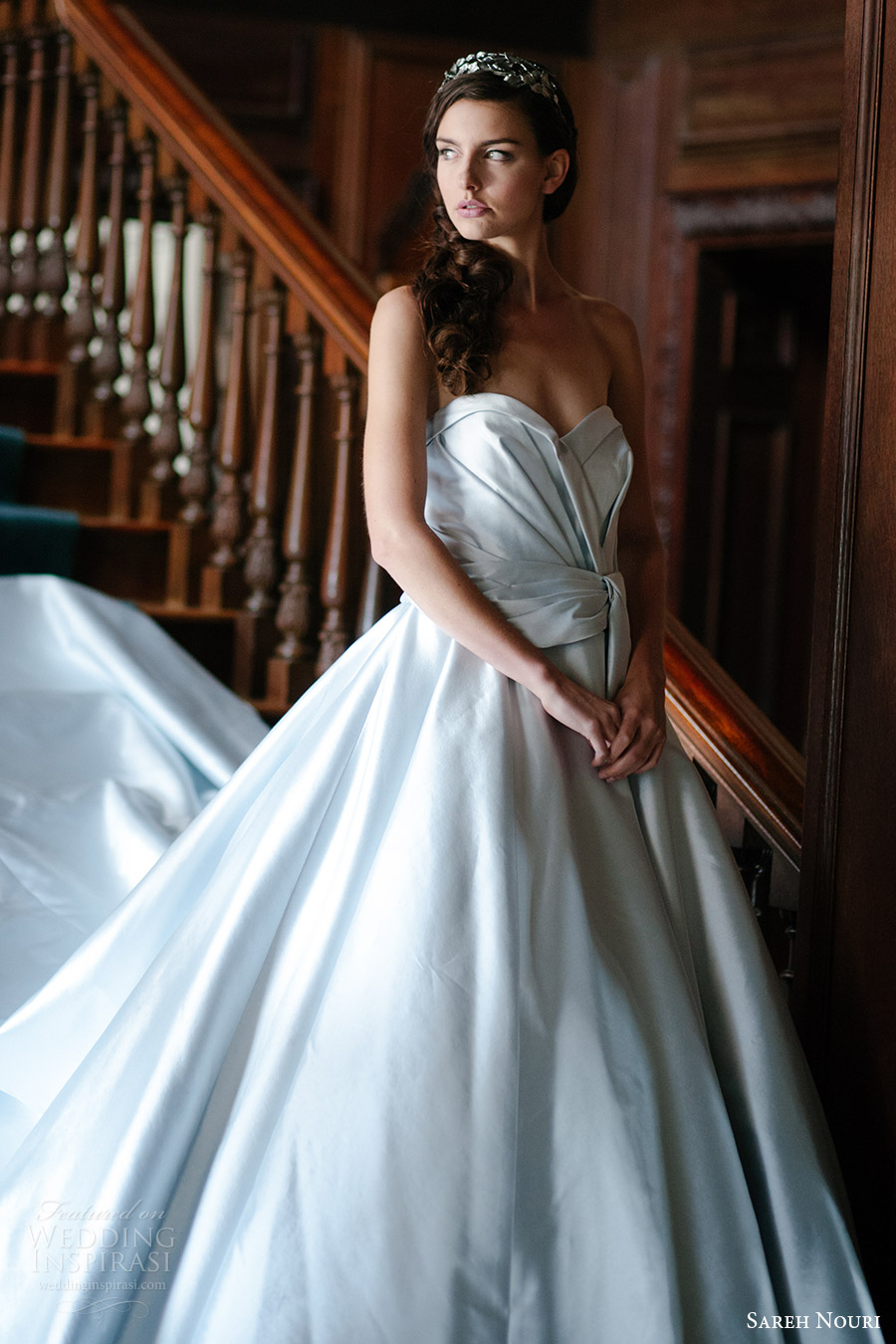sareh nouri bridal fall 2016 strapless straight across blue color ball gown wedding dress (yasmine) fv   train romantic