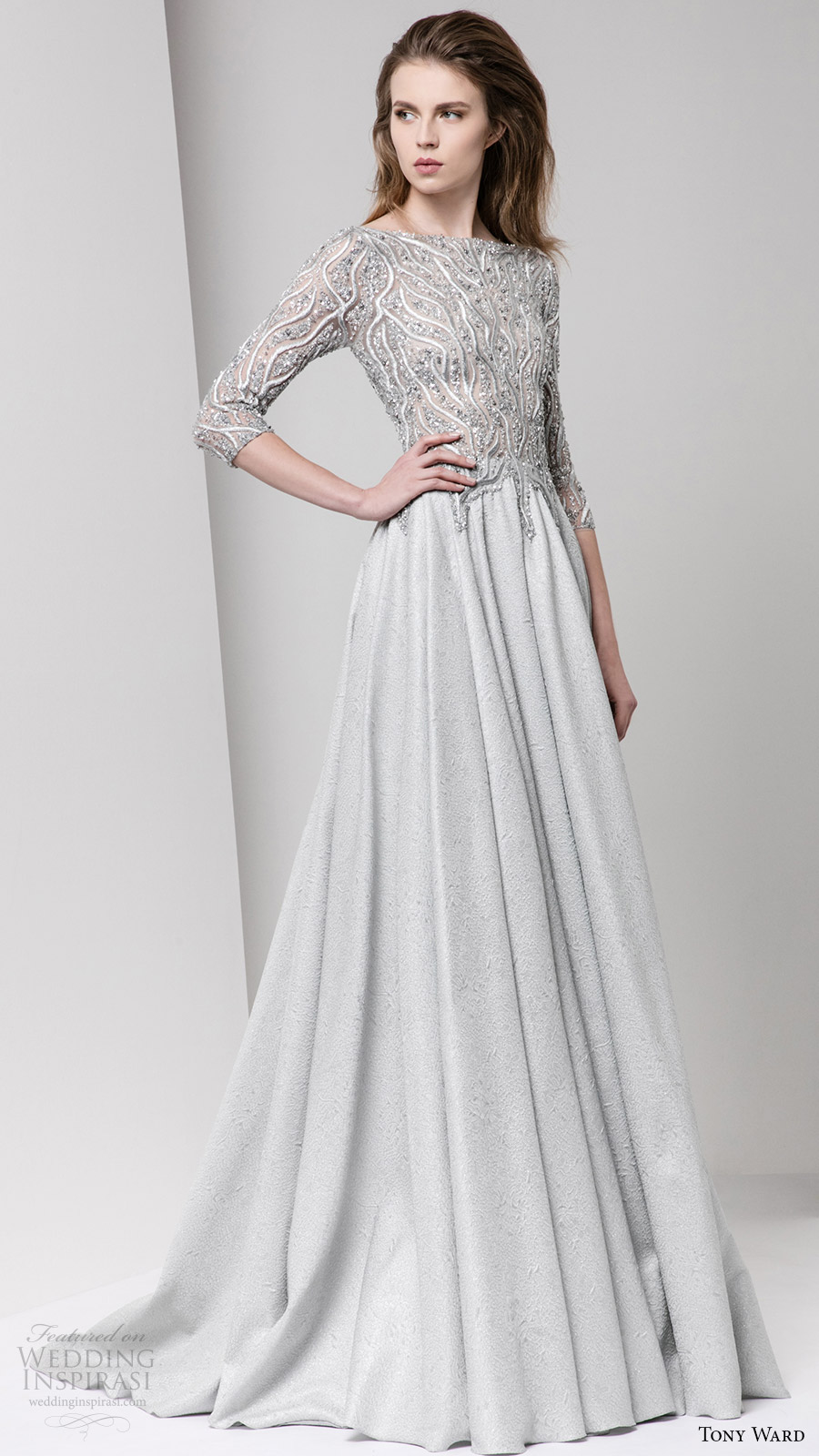 tony ward fall 2016 rtw 3 quarter sleeves bateau neck a line evening dress grey gray embellished bodice