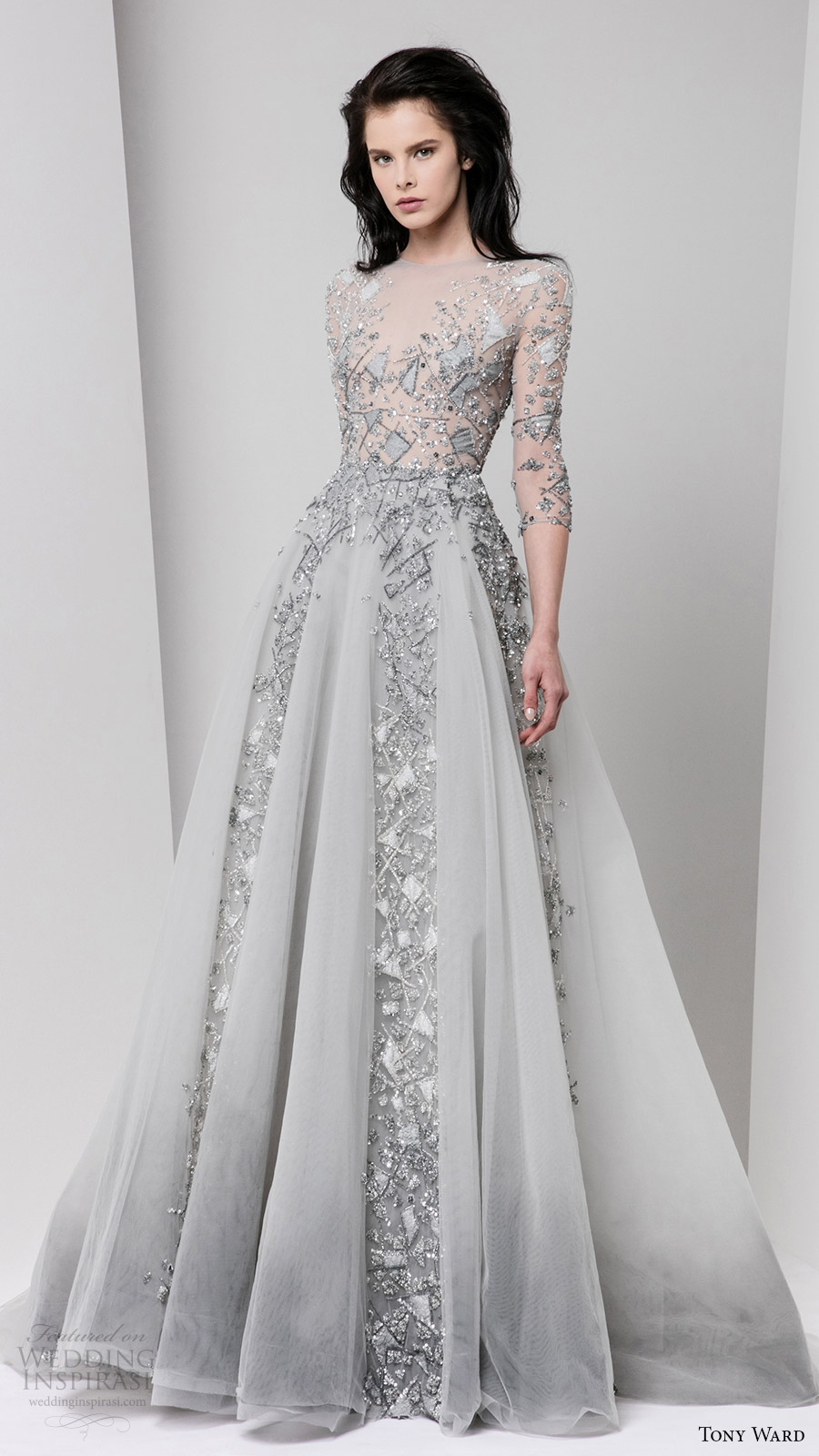 tony ward fall 2016 rtw 3 quarter sleeves illusion bateau neck a line evening dress grey gray embellished