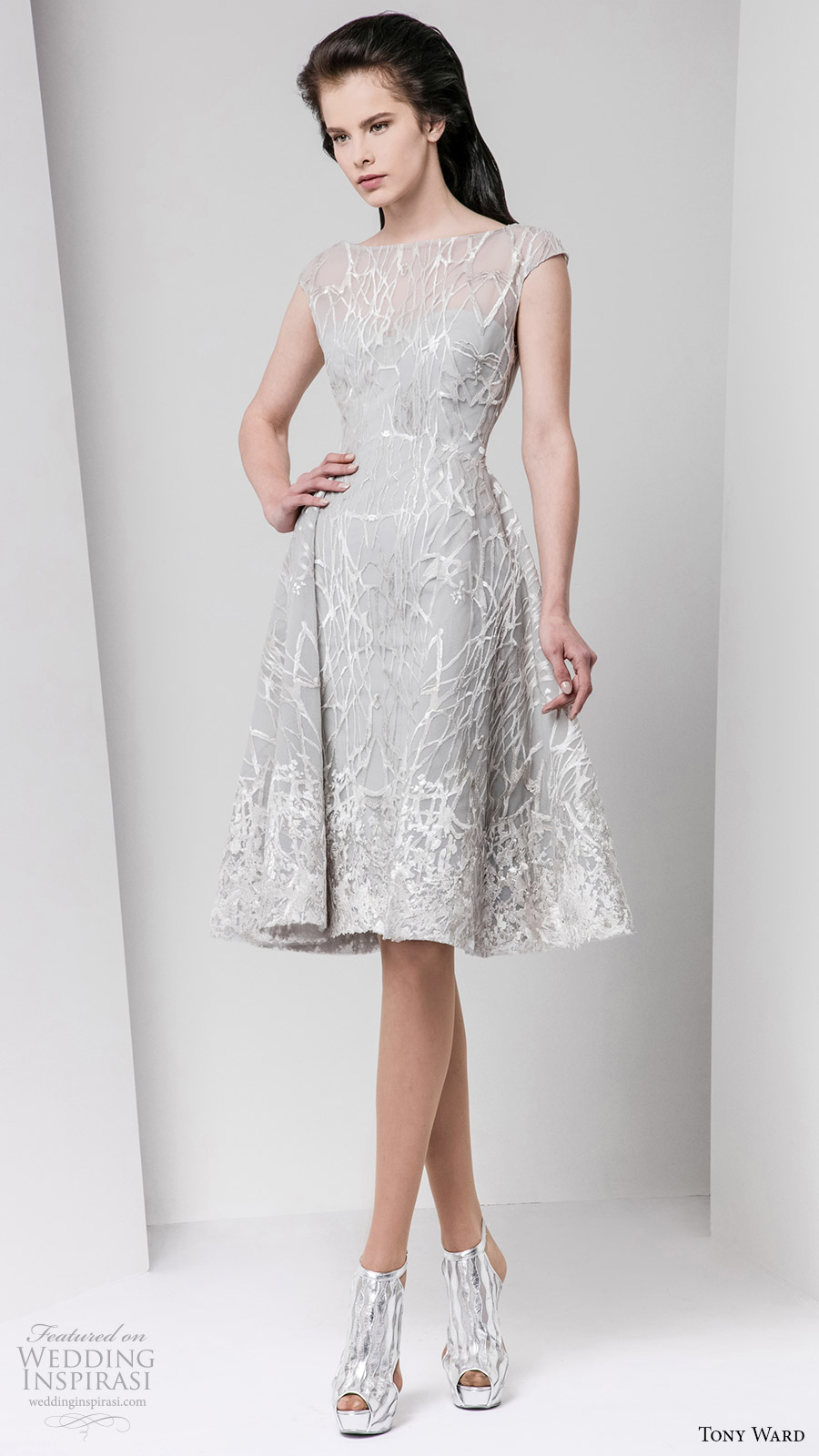 tony ward fall 2016 rtw cap sleeve bateau neck short evening dress gray wedding inspiration