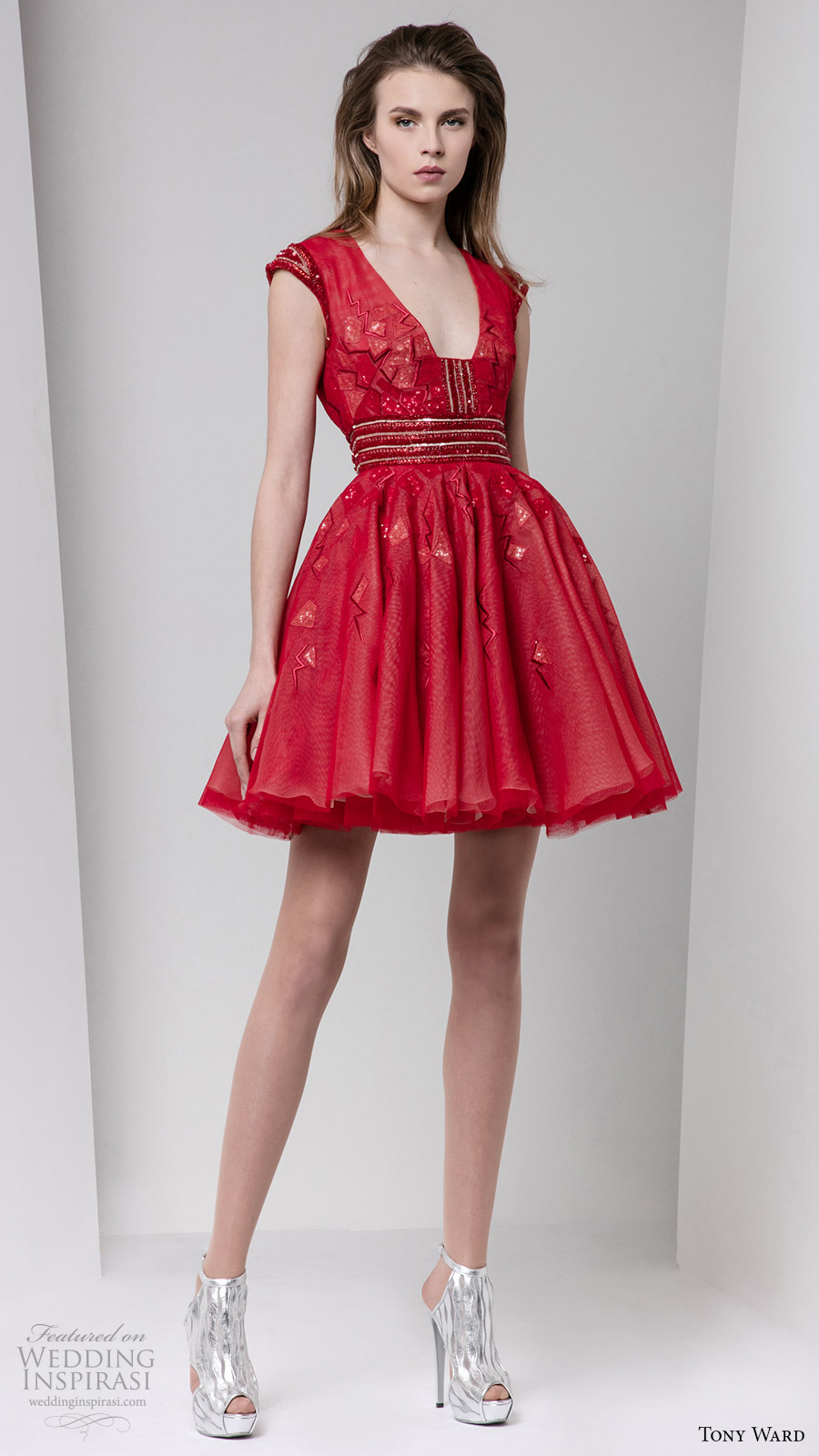 tony ward fall 2016 rtw cap sleeves modified v neckline short dress red color