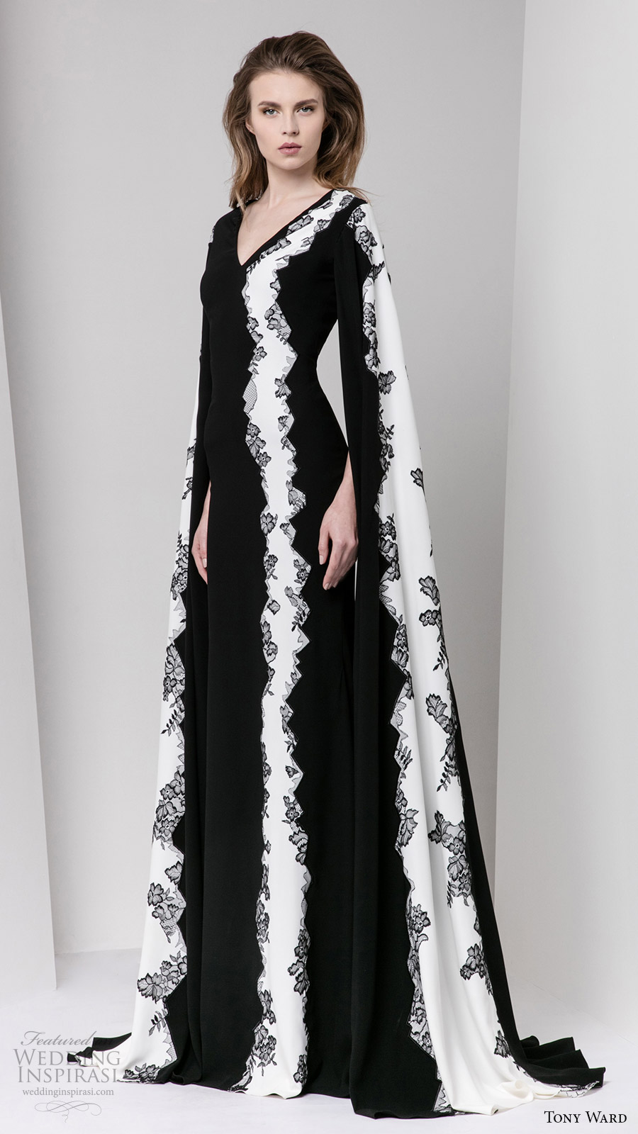 tony ward fall 2016 rtw long sleeves v neck black white evening dress