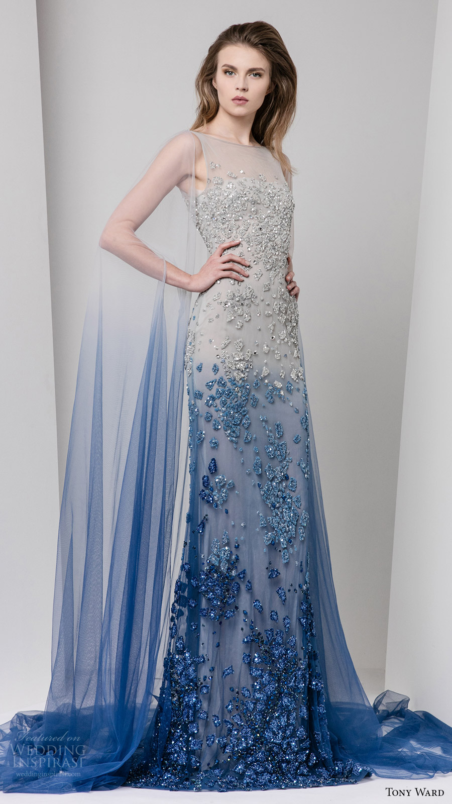 tony ward fall 2016 rtw sleeveless illusion jewel neck embellished evening gown grey blue degrade sheer cape dress