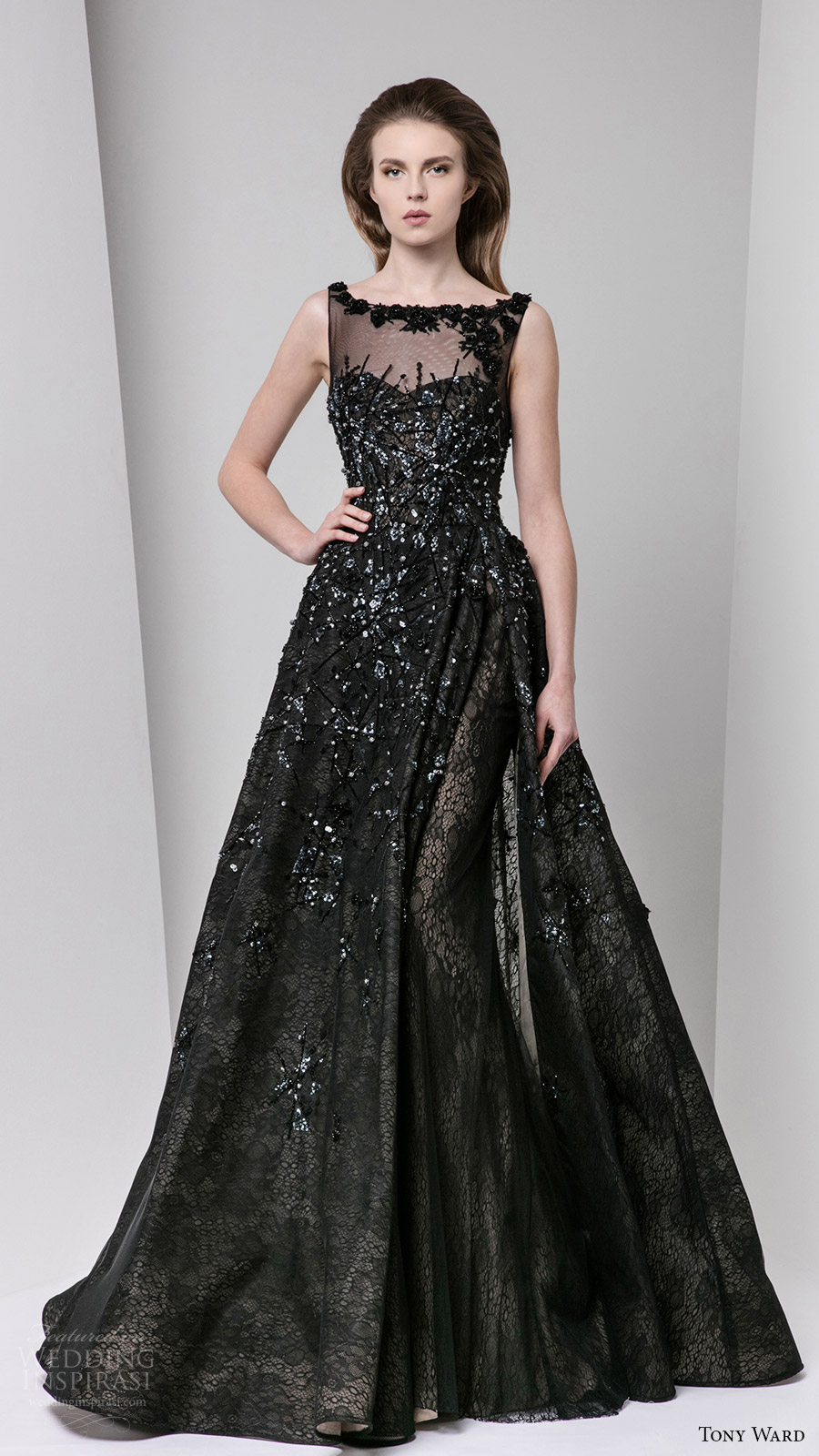 tony ward fall 2016 rtw sleeveless sweetheart illusion bateau neck a line evening dress black