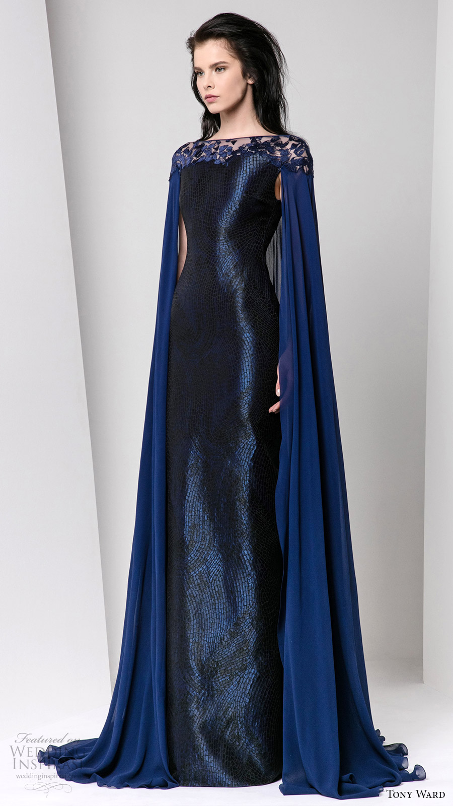 tony ward fall winter 2016 2017 rtw cape sleeves illusion bateau neckline sheath evening dress deep blue wedding inspiration