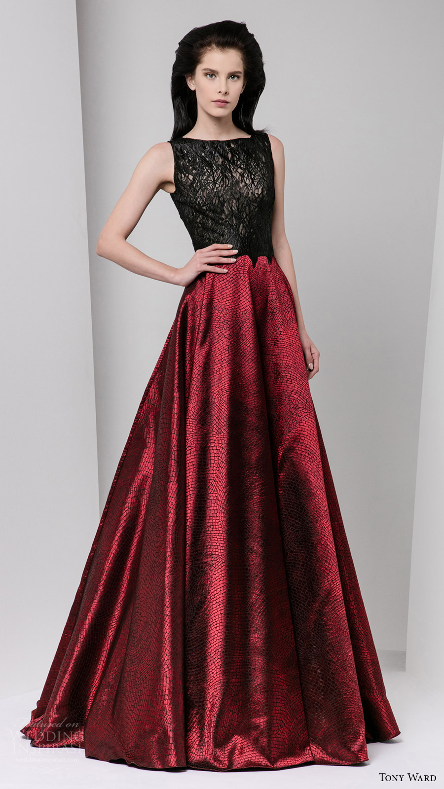 tony ward fall winter 2016 2017 rtw sleeveless bateau neck illusion bodice a line evening dress black top red skirt