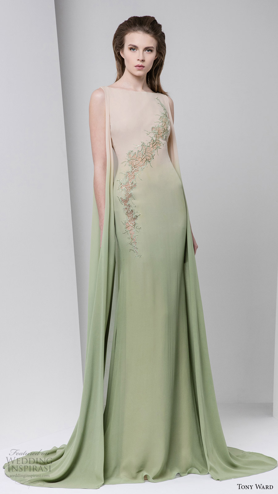 tony ward fall winter 2016 2017 rtw sleeveless bateau neck ombre mint green evening gown