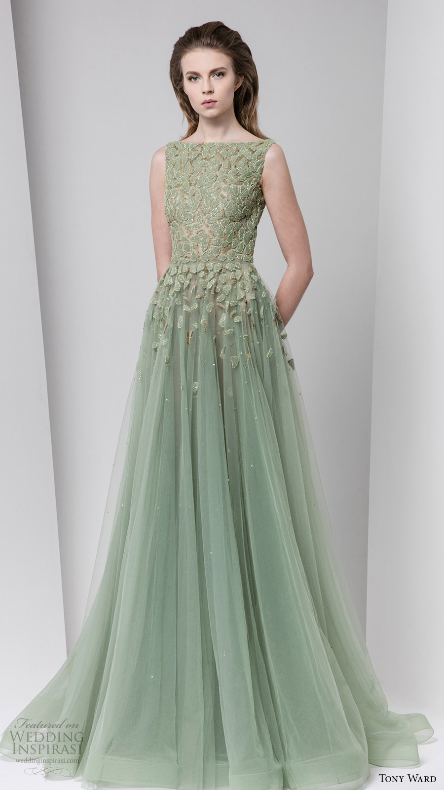 tony ward fall winter 2016 2017 rtw sleeveless bateau neckline ball gown a line evening dress powder green wedding inspiration