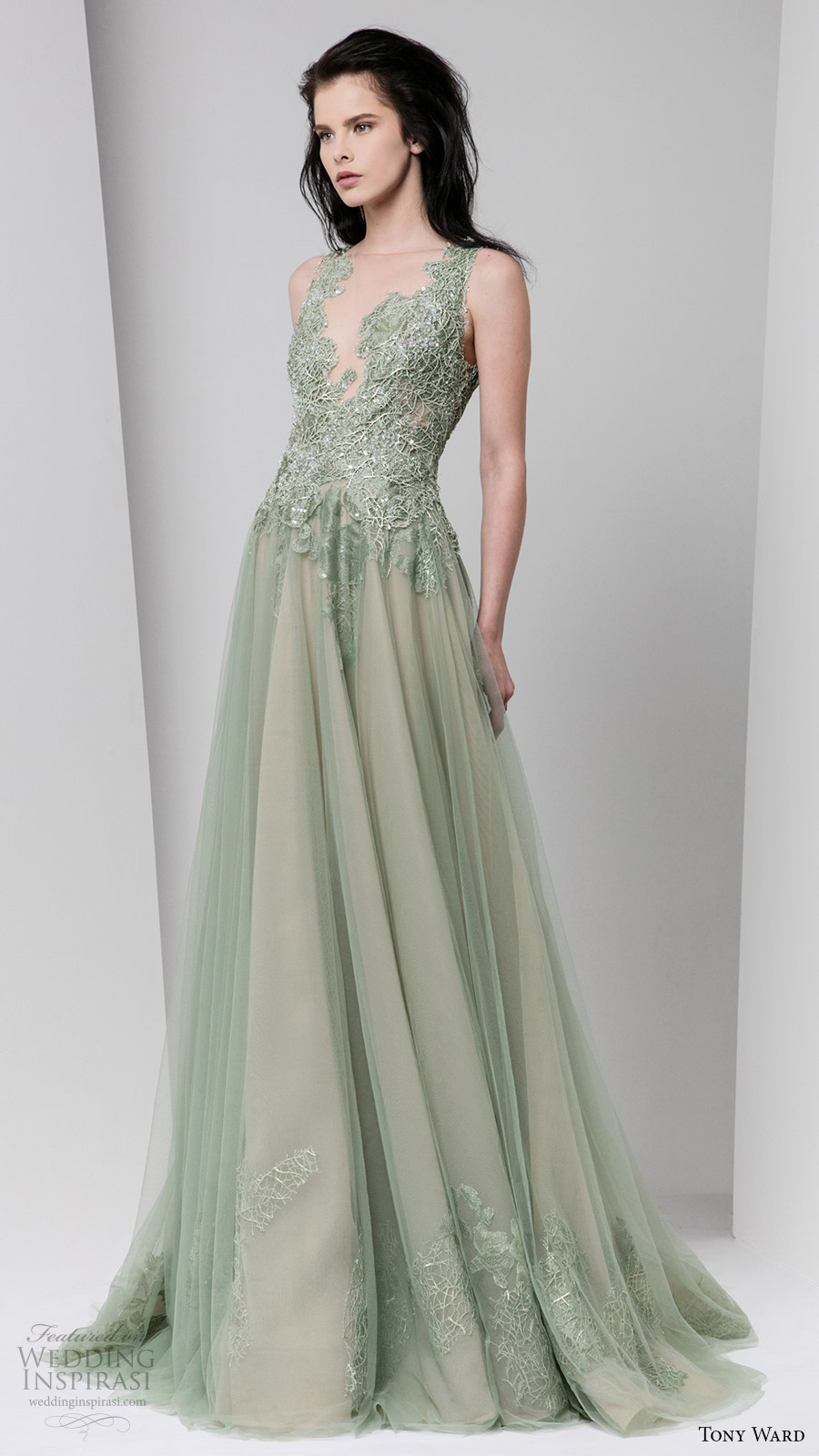 tony ward fall winter 2016 2017 rtw sleeveless illusion neckline a line evening dress powder green wedding inspiration