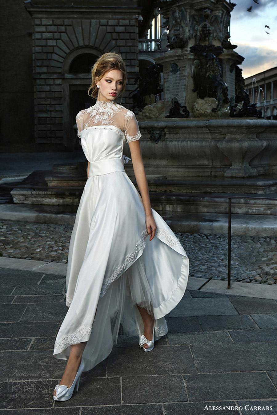 alessandro carrabs couture bridal 2016 illusion short sleeves high neck aline wedding dress (005) mv