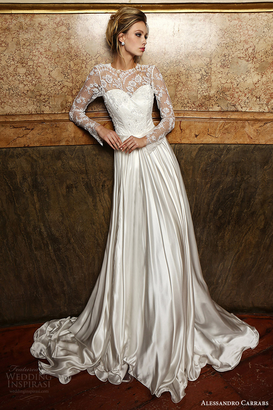 alessandro carrabs couture bridal 2016 long sleeves sweetheart illusion jewel neck a line wedding dress (019) mv