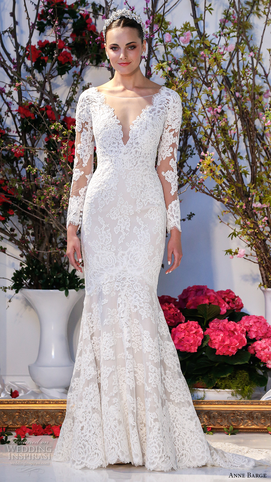 anne barge spring 2017 bridal embroidered lace long sleeves deep v neck line fully embellished beautiful lace mermaid wedding dress v back sweep train (014) mv