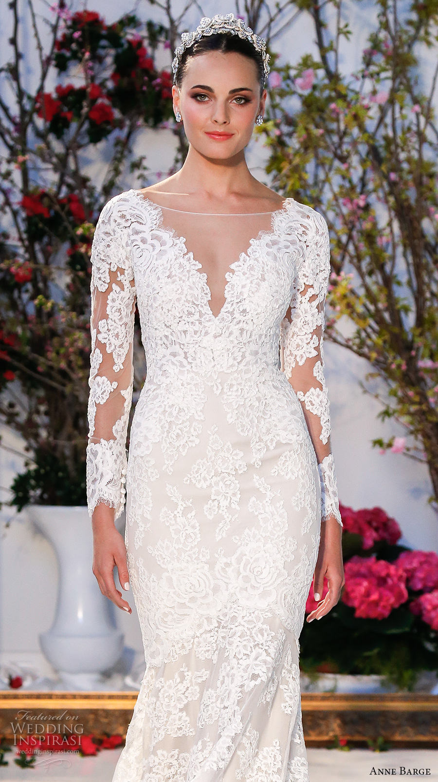 anne barge spring 2017 bridal embroidered lace long sleeves deep v neck line fully embellished beautiful lace mermaid wedding dress v back sweep train (014) zv