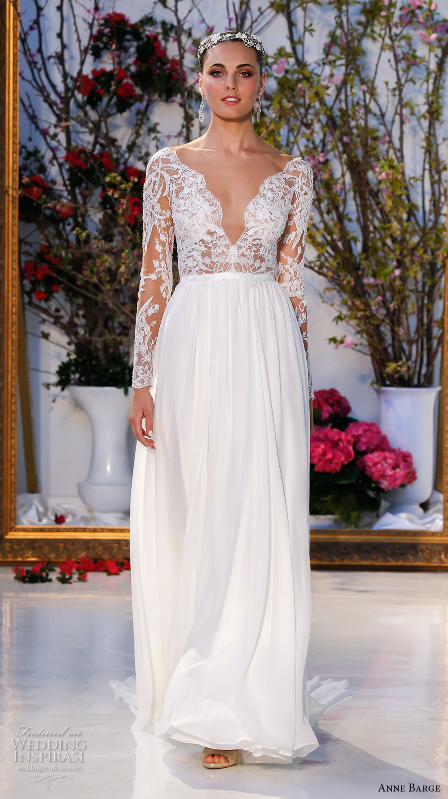 anne barge spring 2017 bridal lace long sleeves plunging v neckline lace embelllished bodice pleated modified a line wedding dress low v back sweep train (024) mv