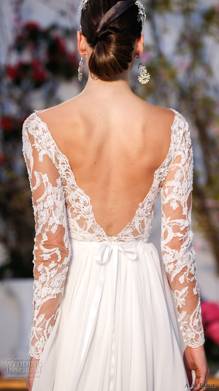 anne barge spring 2017 bridal lace long sleeves plunging v neckline lace embelllished bodice pleated modified a line wedding dress low v back sweep train (024) zbv