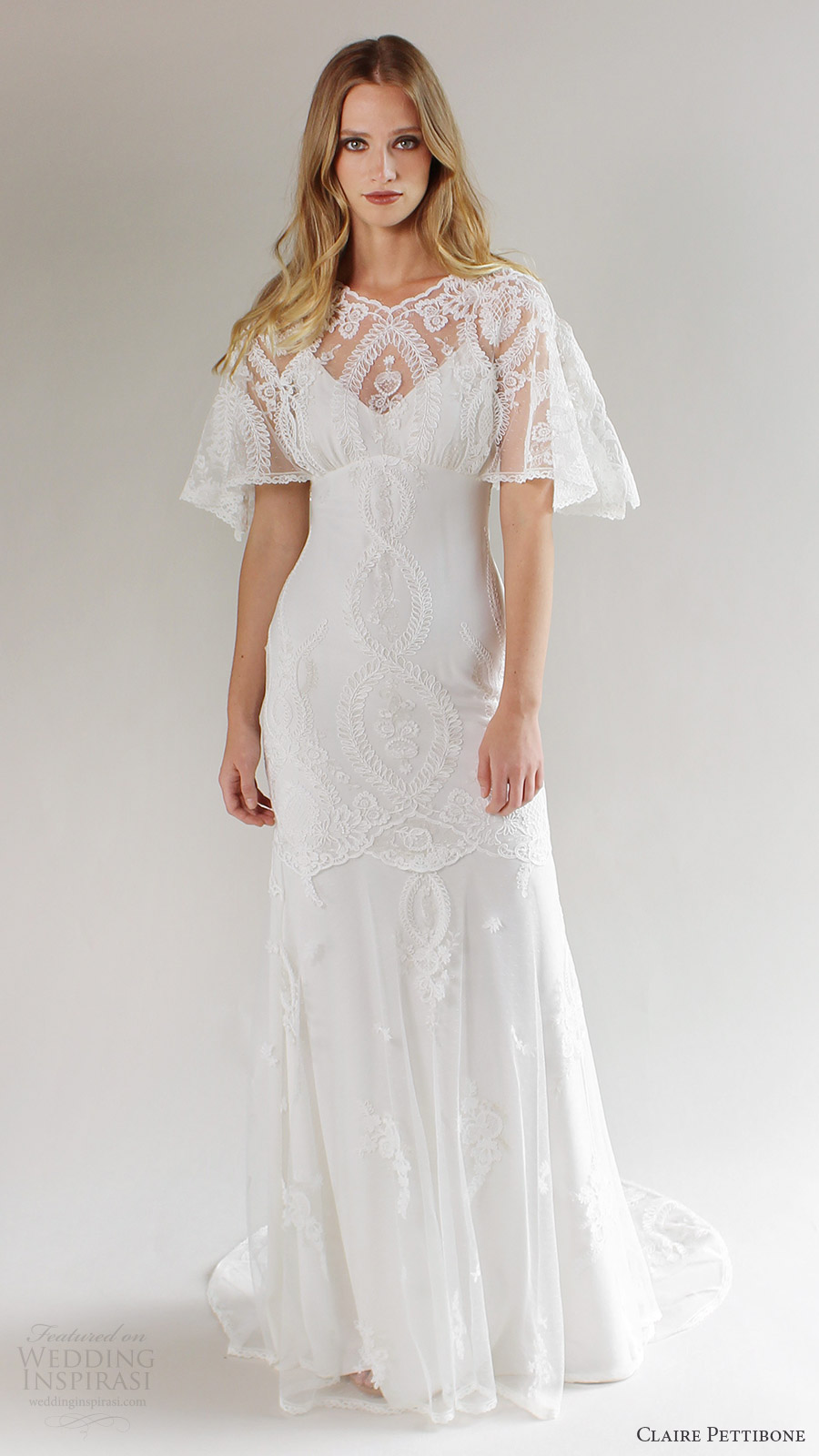 claire pettibone bridal spring 2017 flutter sleeves vneck lace wedding dress (silverlake) mv romantic