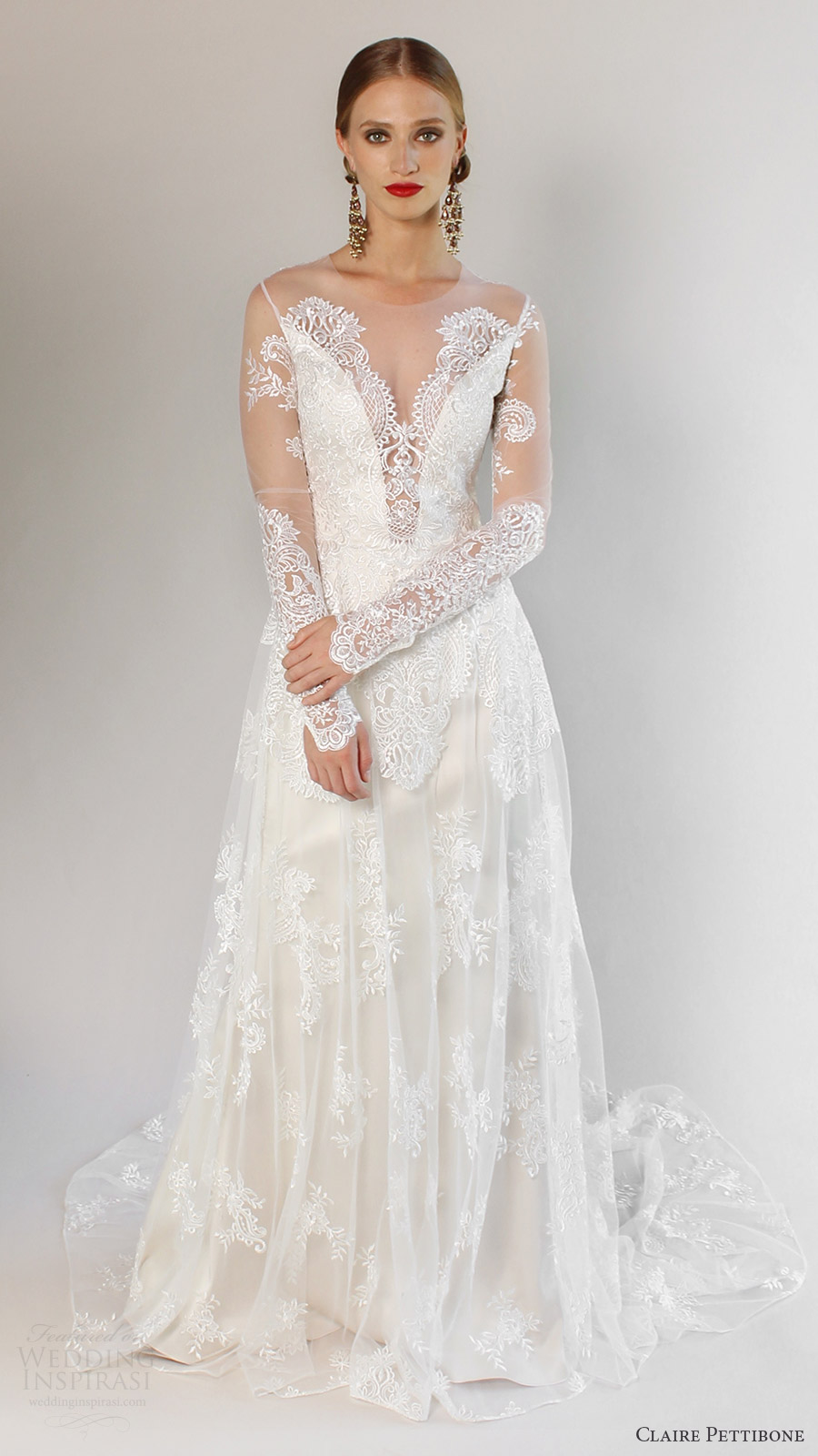 claire pettibone bridal spring 2017 illusion long sleeves deep vneck aline wedding dress (pasadena) mv romantic