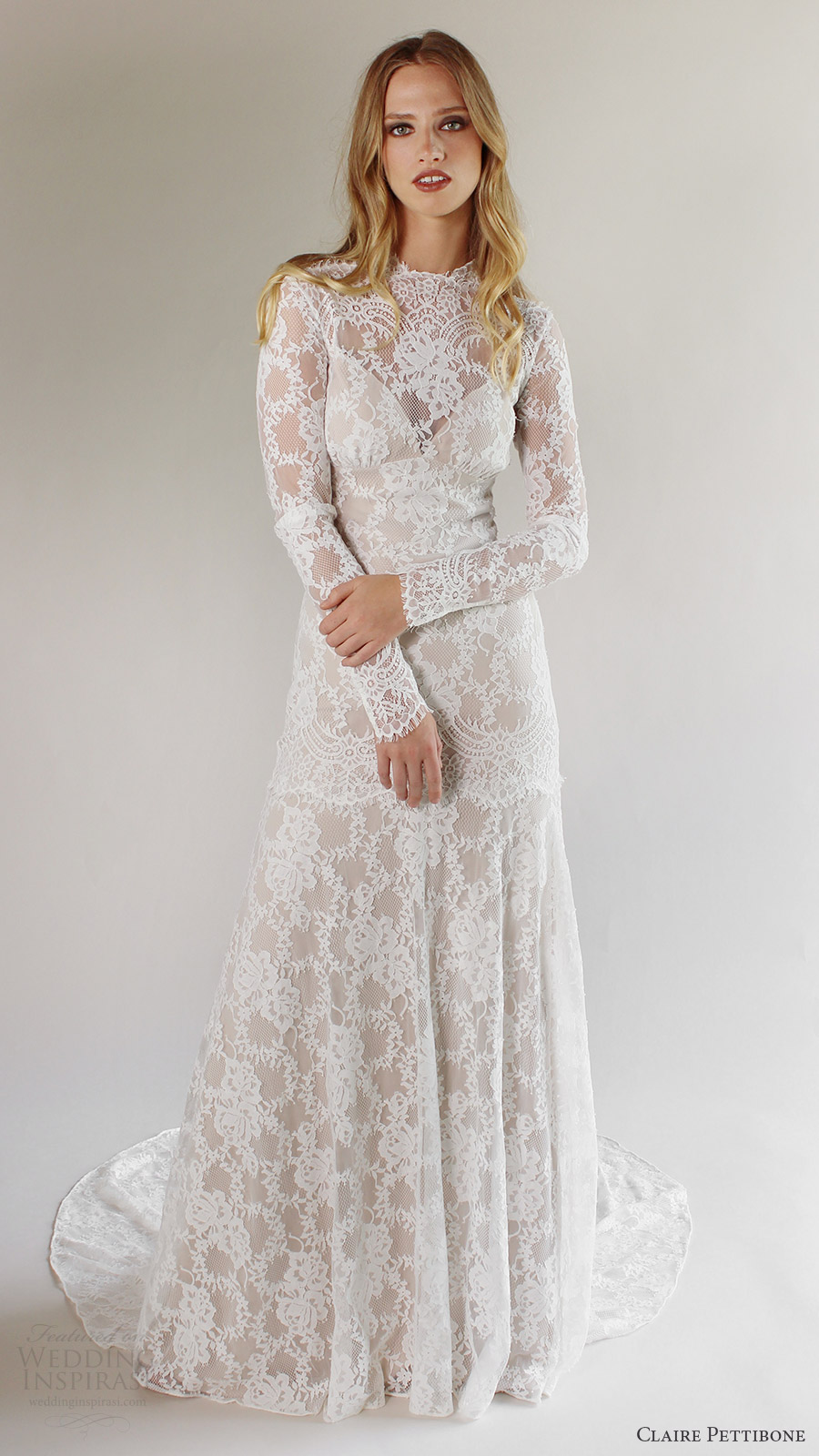 claire pettibone bridal spring 2017 long sleeves high neck lace wedding dress (beverly) mv elegant romantic