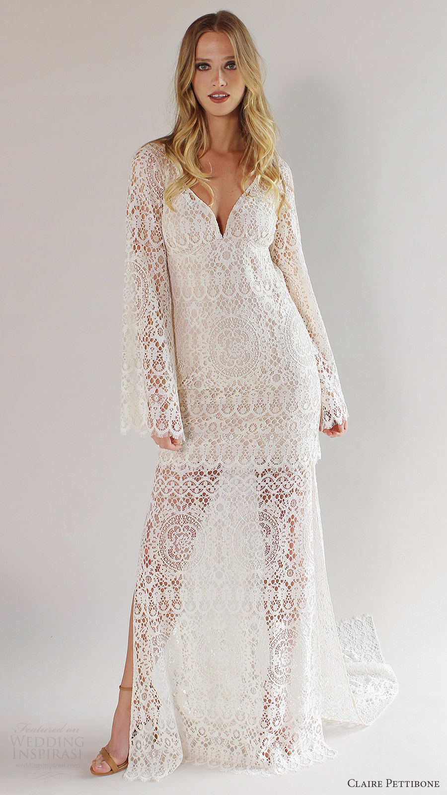 claire pettibone bridal spring 2017 long sleeves vneck lace wedding dress (coachella) mv bohemian