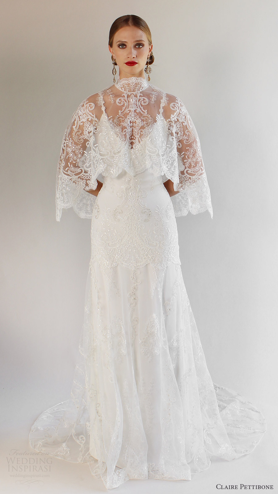 claire pettibone bridal spring 2017 sleeveless spaghetti straps vneck trumpet lace wedding dress (santa monica with cape) mv