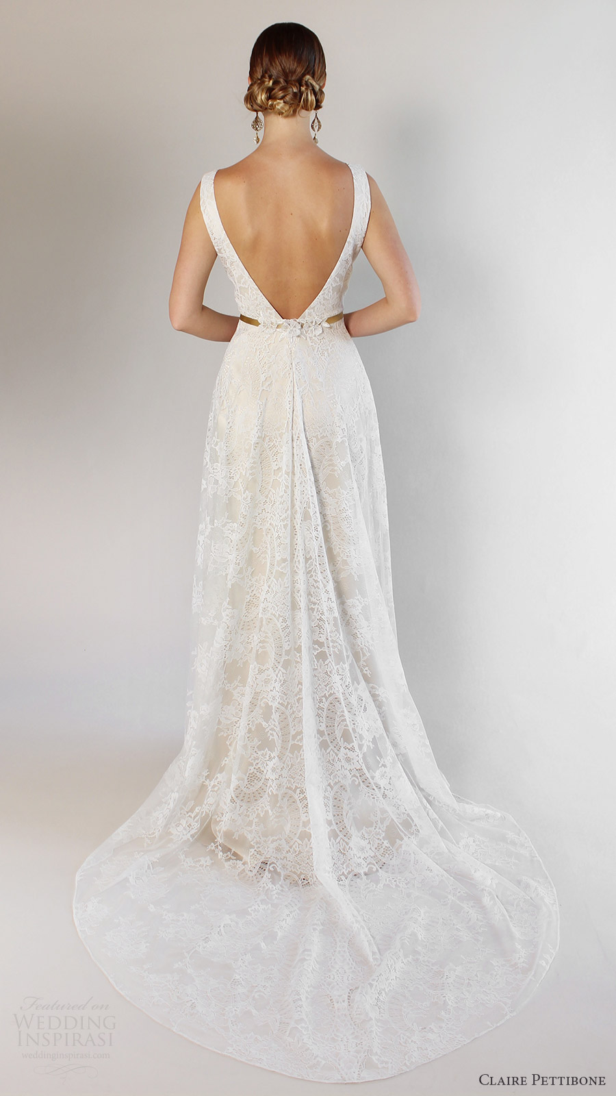 claire pettibone bridal spring 2017 sleeveless straps vneck aline lace wedding dress (palisades) bv lowback train