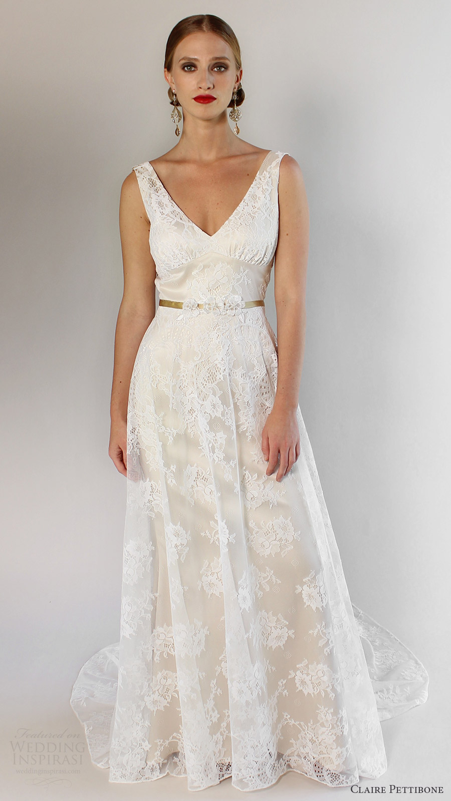 claire pettibone bridal spring 2017 sleeveless straps vneck aline lace wedding dress (palisades) mv romantic
