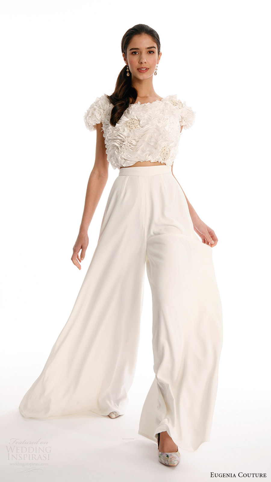 eugenia couture joy bridal spring 2017 short sleeves ruffle crop top crepe culotte pants (blanche) mv