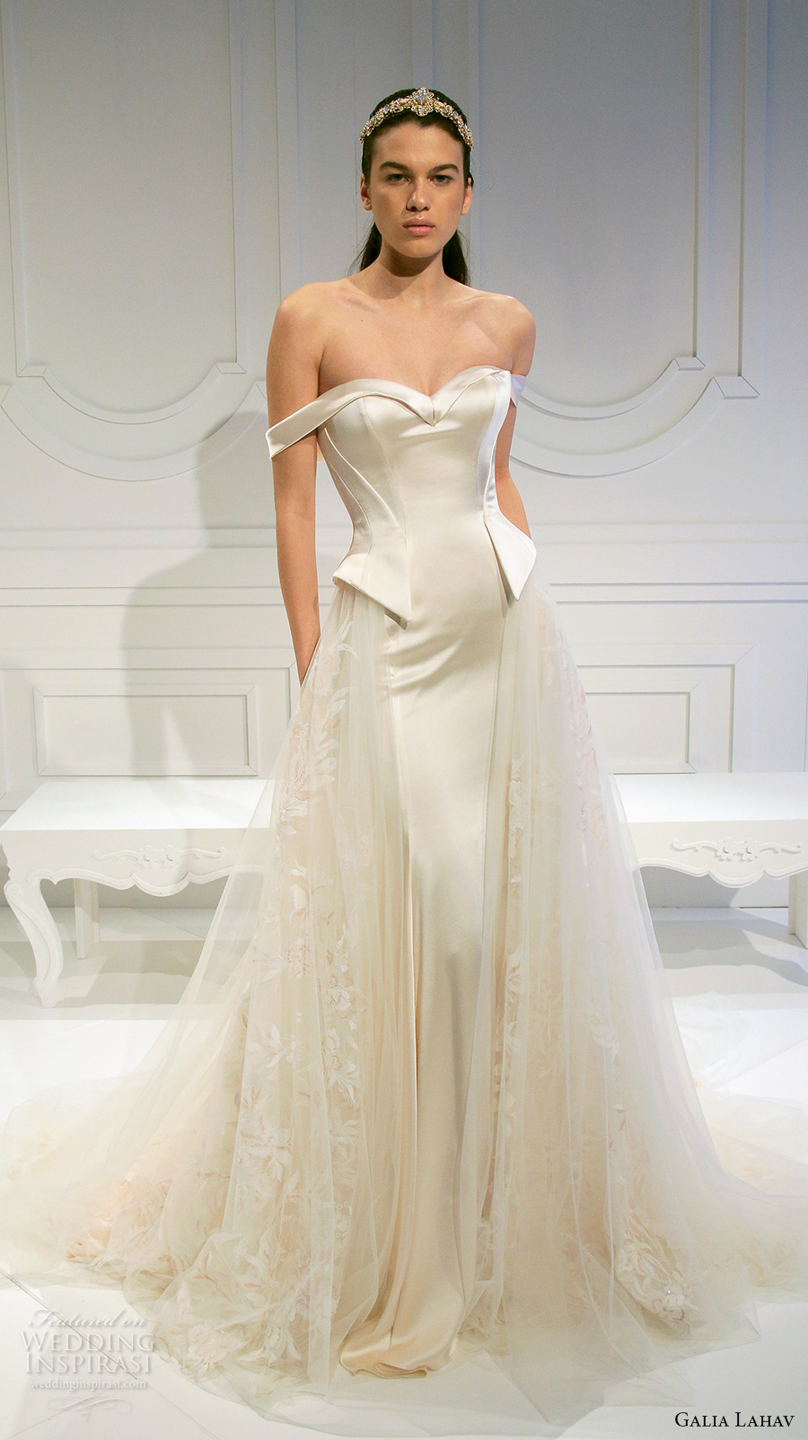 galia lahav spring 2017 bridal sleeveless off the shoulder sweetheart neckline chic satin peplum a line tulle wedding dress chapel train (009) mv galia lahav spring 2017 bridal sleeveless off the shoulder sweetheart neckline chic satin peplum a line tulle wedding dress chapel train (009) mv