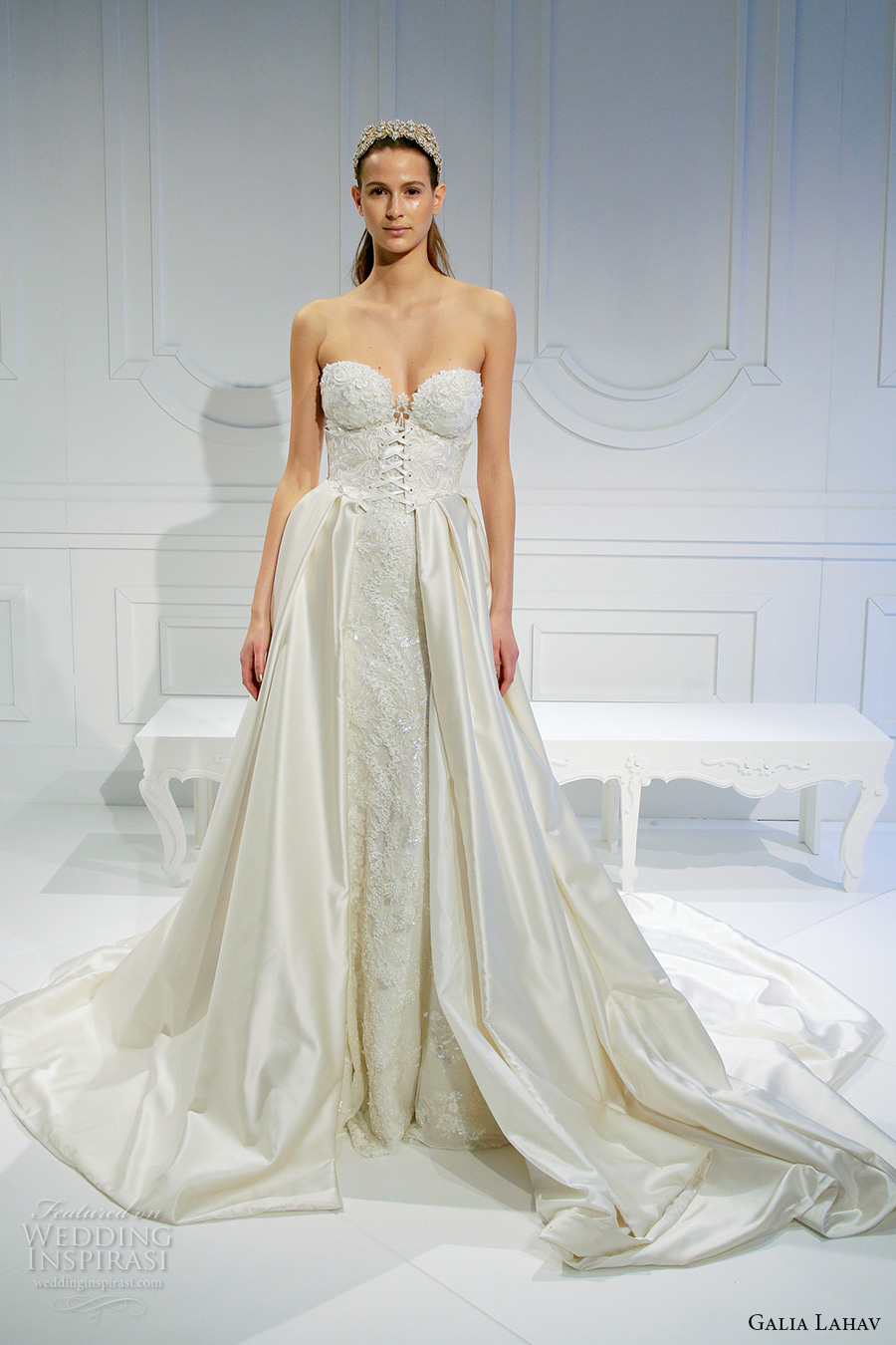 galia lahav spring 2017 bridal strapless sweetheart neckline corset bodice heavily embellished bodice a line satin overskirt wedding dress long royal train (014) mv galia lahav spring 2017 bridal strapless sweetheart neckline corset bodice heavily embellished bodice a line satin overskirt wedding dress long royal train (014) mv