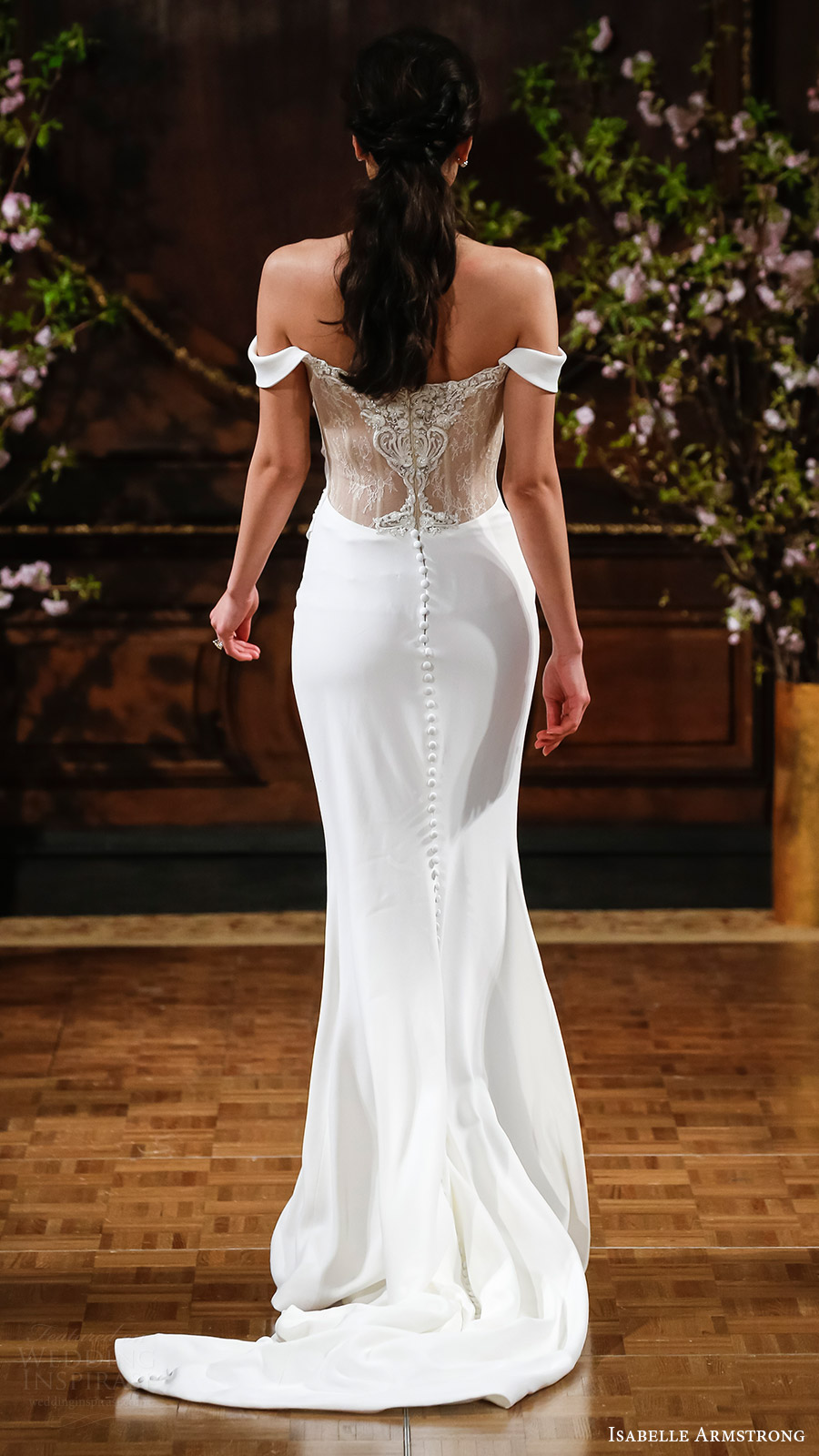 isabelle armstrong bridal spring 2017 off shoulder semi sweetheart column wedding dress (montana) bv sheer back elegant train