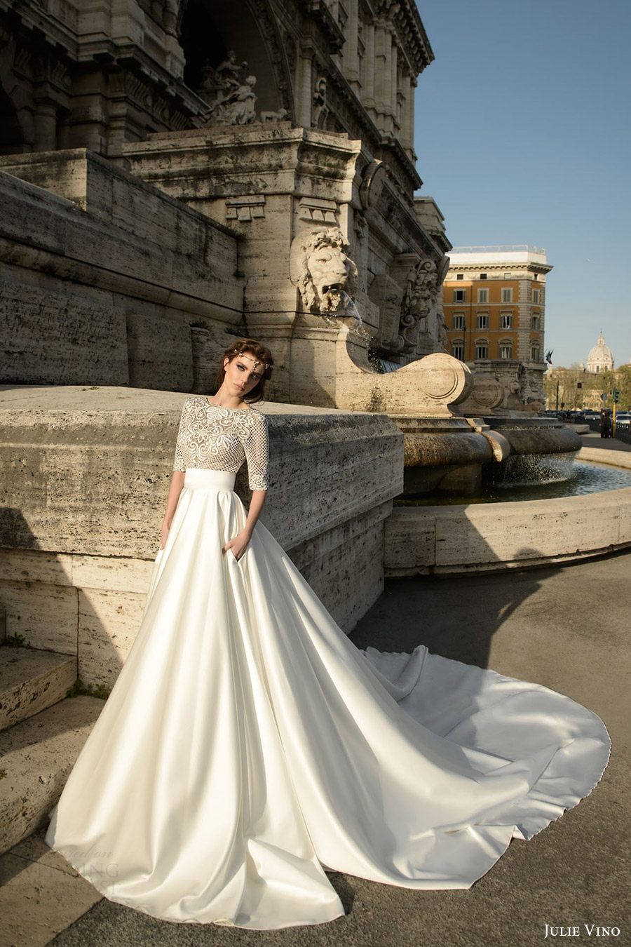 julie vino bridal spring 2017 half sleeves jewel neck sheath wedding dress (prisilla) mv elegant aline overskirt