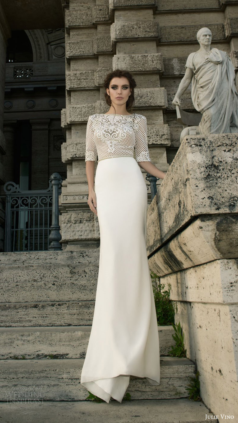 julie vino bridal spring 2017 half sleeves jewel neck sheath wedding dress (prisilla) mv elegant