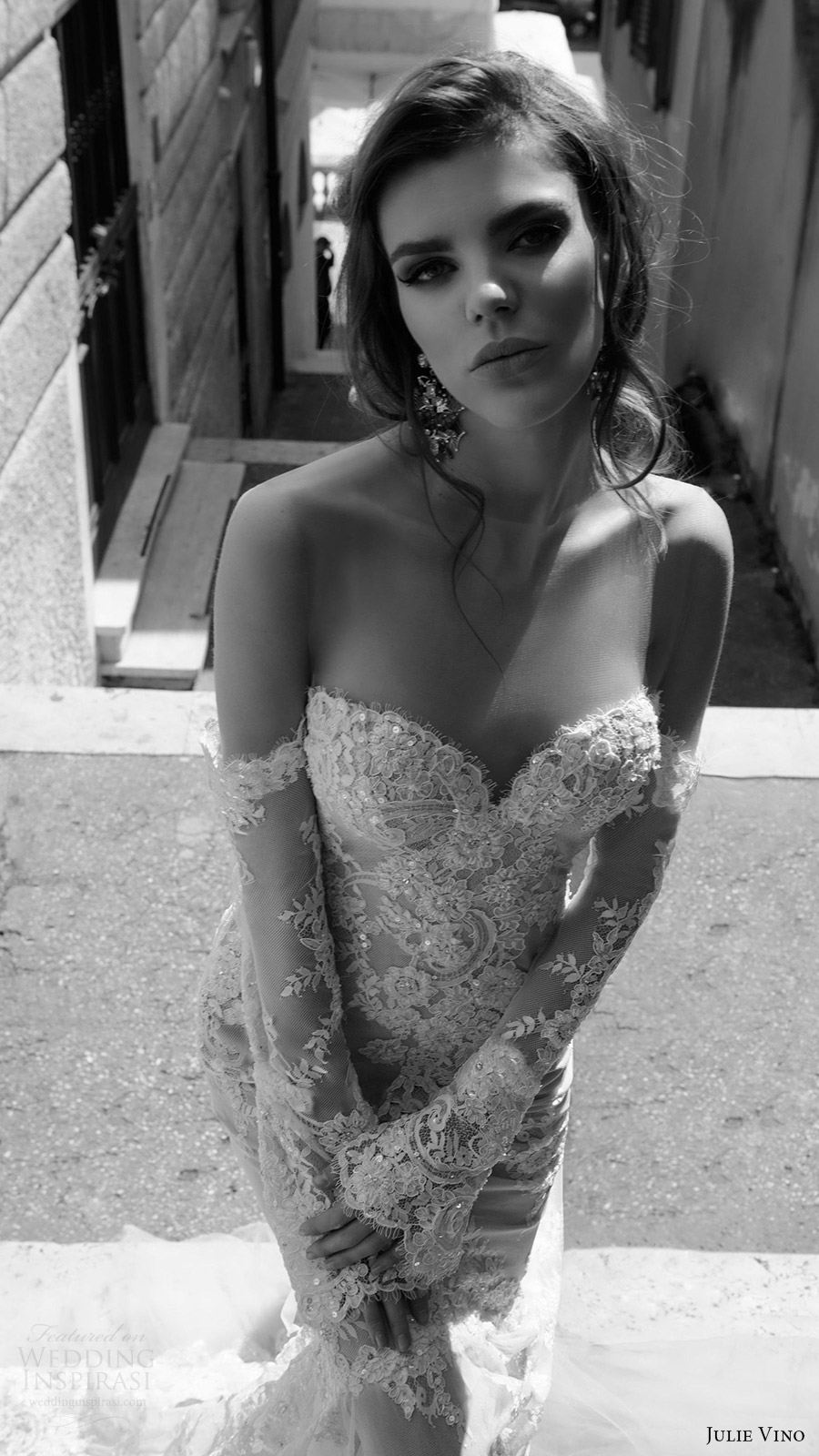 julie vino bridal spring 2017 long sleeves off shoulder sweetheat sheath lace wedding dress (camilla) zv bodice