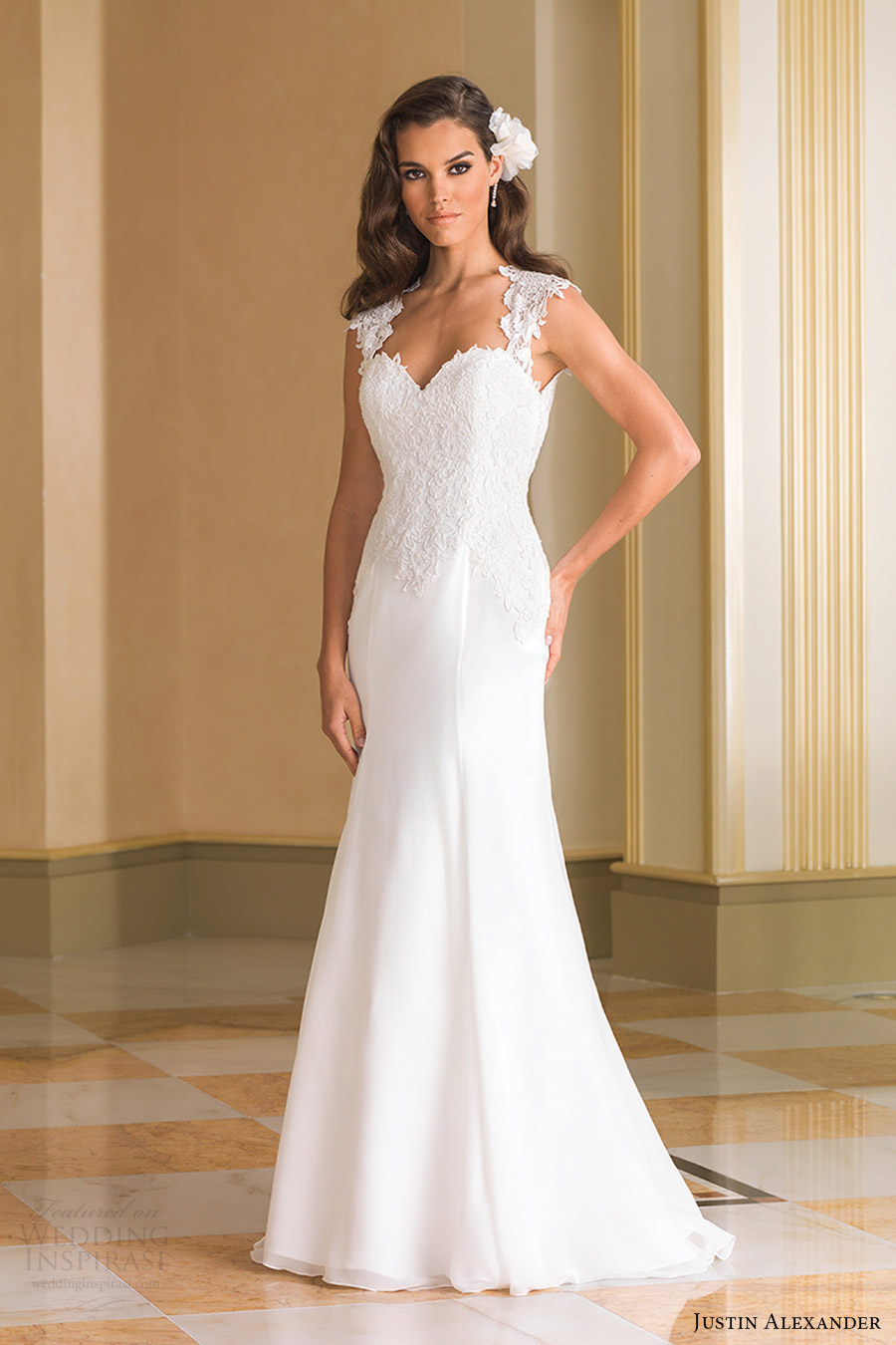 justin alexander bridal fall 2016 cap sleeves cap sleeves queen anne neckline fit flare wedding dress (8867) mv