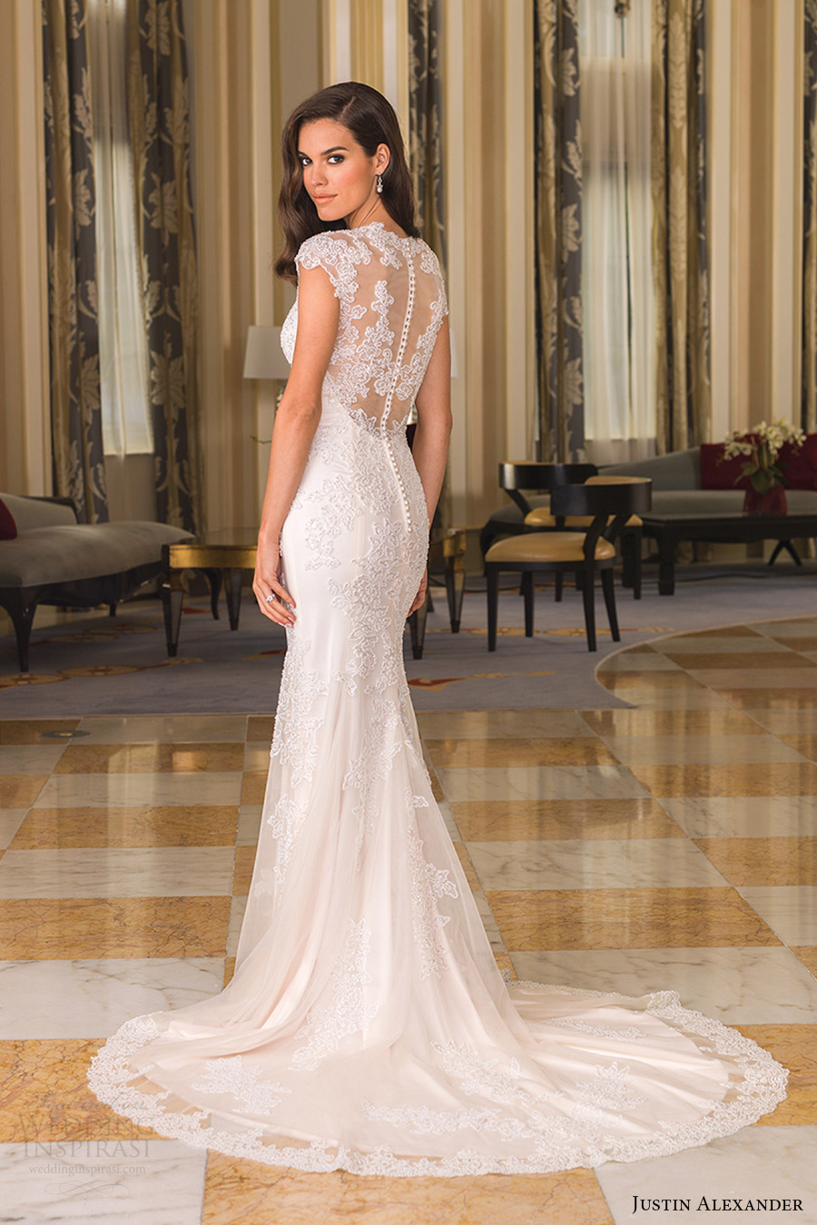 justin alexander bridal fall 2016 cap sleeves queen anne neckline sheath wedding dress (8860) bv sheer back train