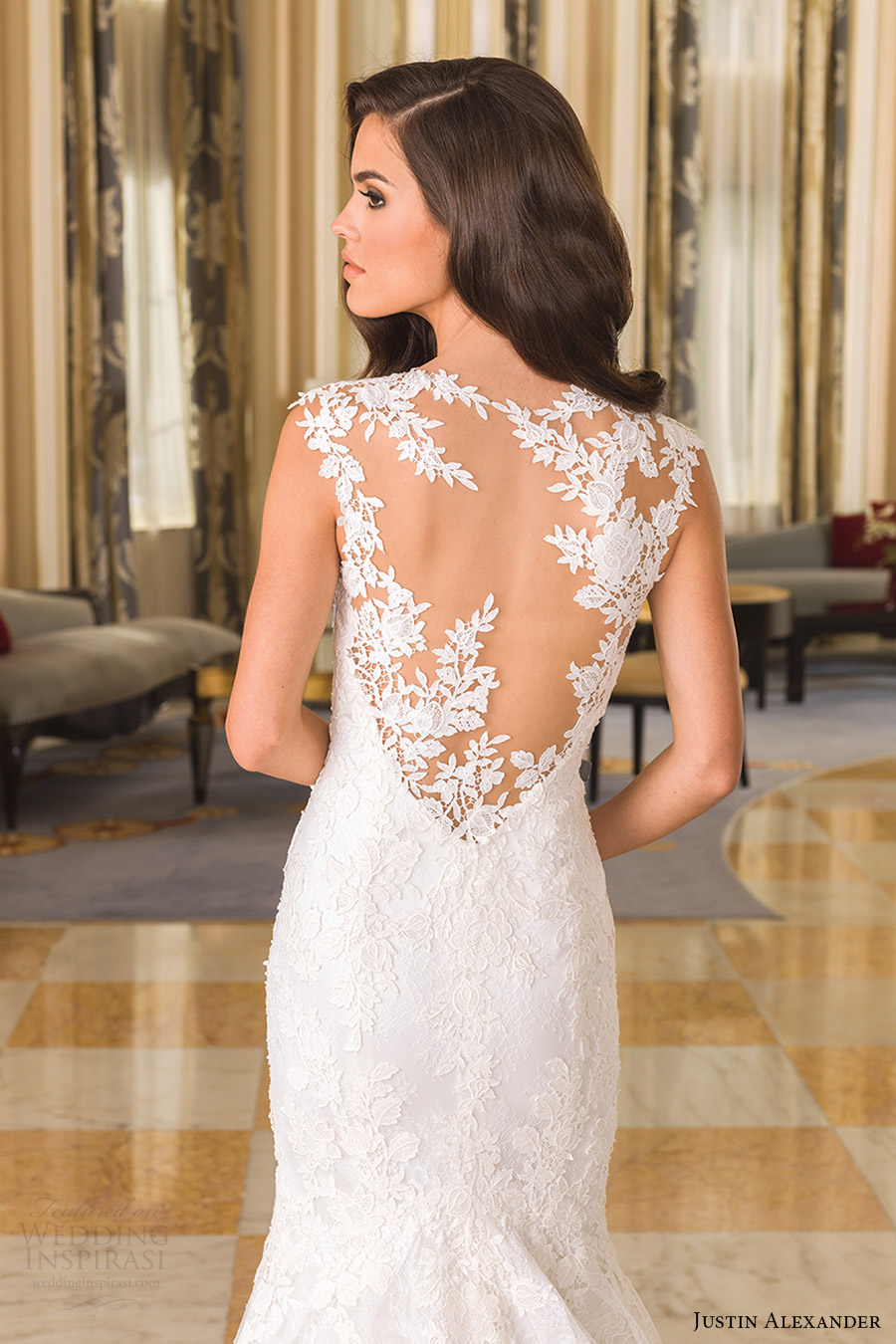 justin alexander bridal fall 2016 cap sleeves vneck fit flare chantilly lace wedding dress (8858) zbv sheer back train