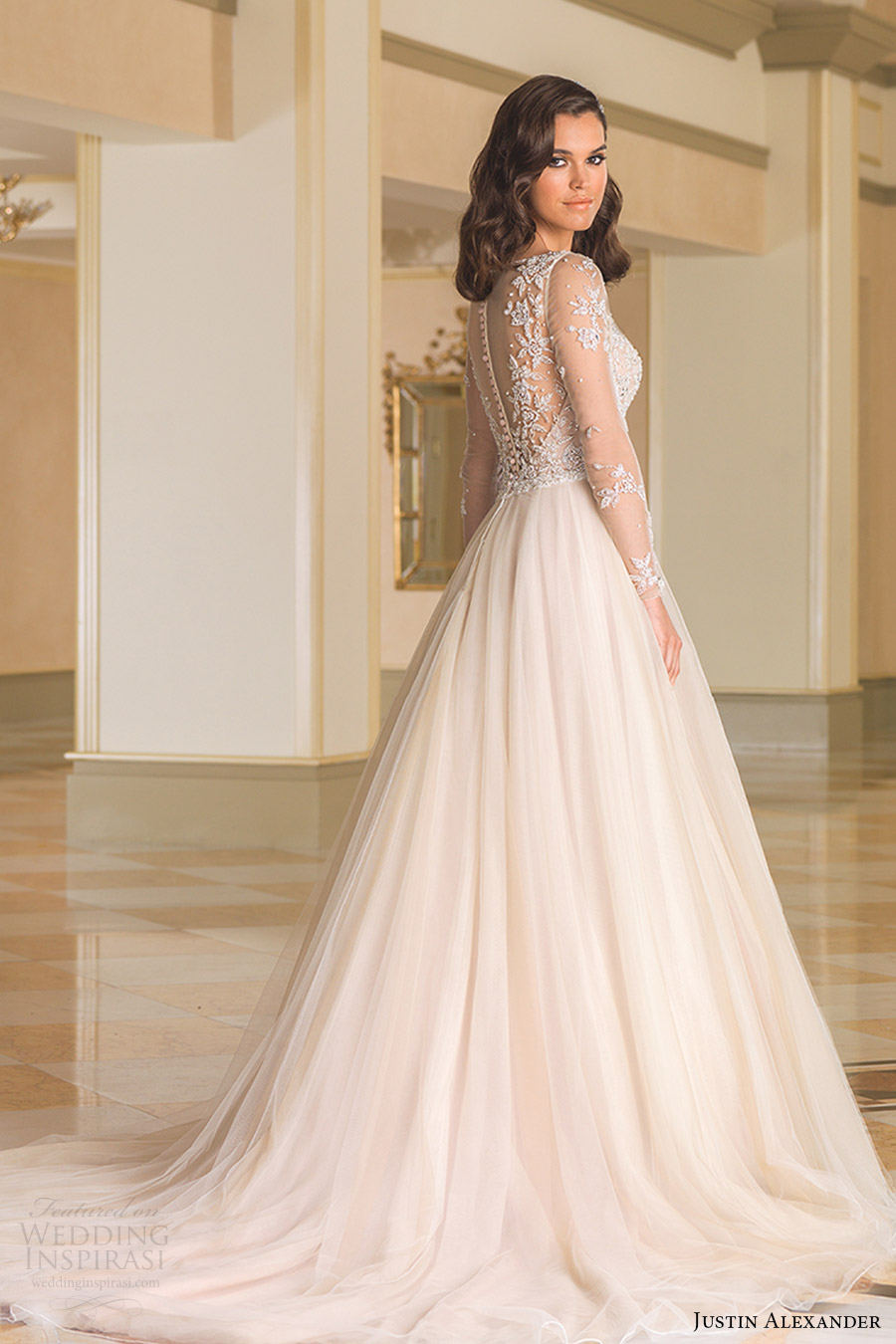 justin alexander bridal fall 2016 illusion long sleeves bateau neck ball gown wedding dress (8873) bv nude color beaded bodice sheer back train