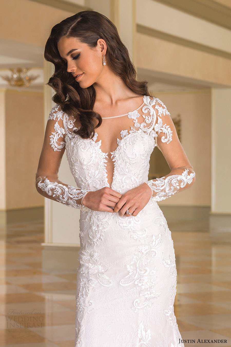 justin alexander bridal fall 2016 illusion long sleeves sabrina neck split sweetheart trumpet wedding dress (8870) zv