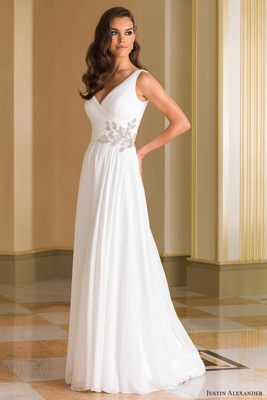 justin alexander bridal fall 2016 sleeveless surplice vneck aline ruched bodice wedding dress (8863) mv beaded waist